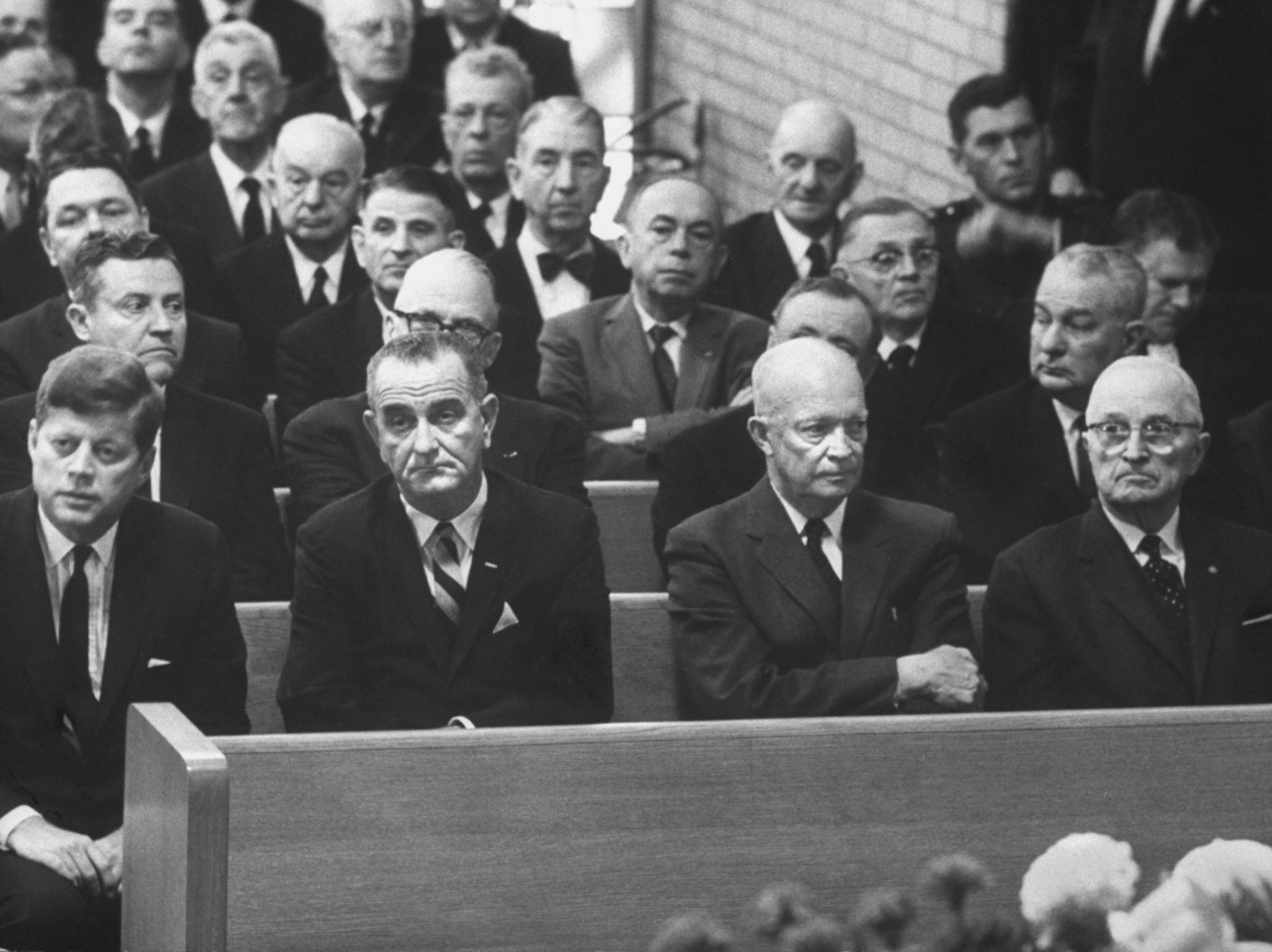John F. Kennedy, Lyndon Johnson, Dwight D. Eisenhower and Harry S. Truman at Speaker of the House (D-TX) Sam Rayburn's funeral, 1961.