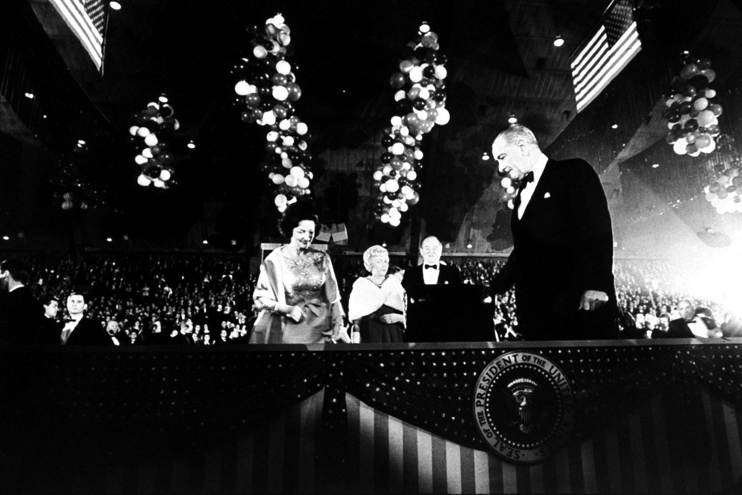 President Lyndon B. Johnson and his wife, Lady Bird, attend inaugural festivities with Vice President Hubert Humphrey (second from right) and his wife, Muriel, in 1965.