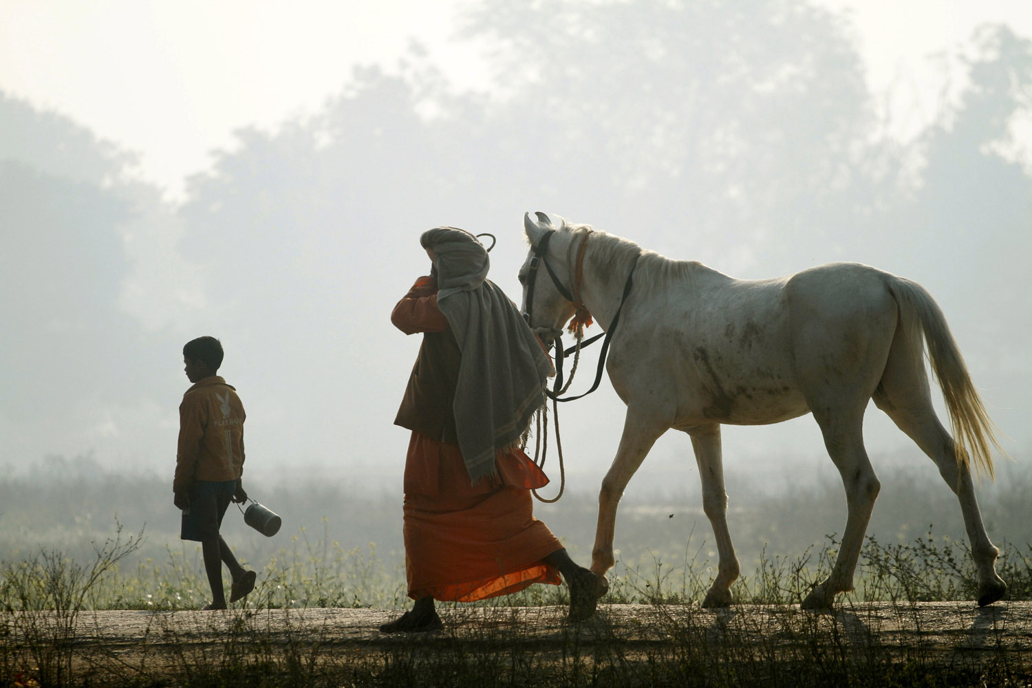 Feb. 27, 2013. A Hindu holy man belonging to the Ramta Panch group of the Juna Akhara sect walks a horse to be loaded onto a truck before leaving from the outskirts of Allahabad, India.