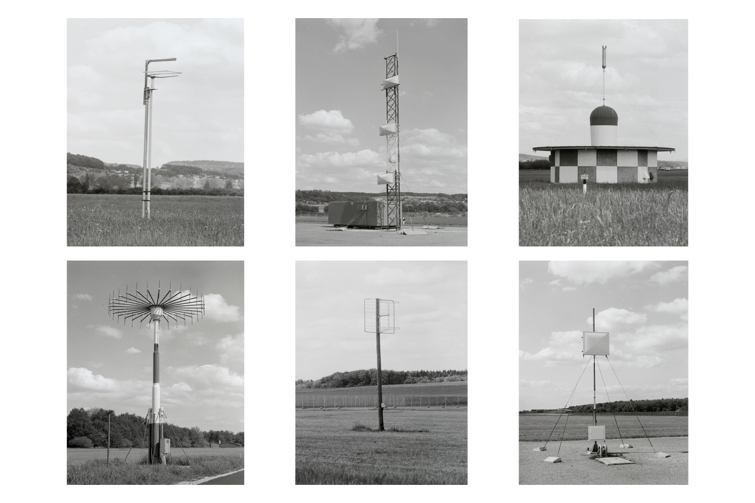 Clockwise from top left:
                              
                              Exterior facility Radio Schweiz: surveillance antenna for radio navigation, 1979.  
                              
                              Antenna of the glide path ground station (Instrument Landing System, 
                              ILS), 1979.
                              
                              VOR (VHF Omnidirectional Range), 1979.
                              
                              Exterior facility Radio Schweiz, 1979. 
                              
                              Surveillance antenna, 1979. 
                              
                              VDF (VHF Direction Finder) for the bearing of airplanes with radio telephony, 1979.