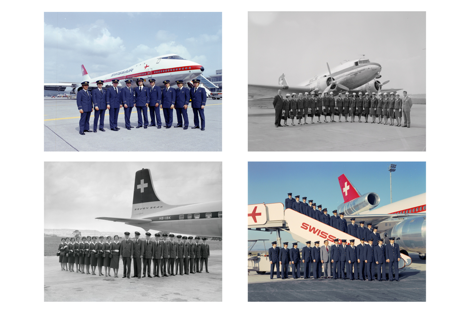 All photographs in this gallery are from Swissair Souvenirs, published by Scheidegger &amp; Speiss. The book showcases a number of photographs that chart the life and image of Swissair’s global brand.
                              
                              Clockwise from top left:
                              
                              Stewards in front of a Boeing 747-257 B (Jumbo) at Zurich-Kloten Airport, 1972
                              
                              Hostess training course Va/1966 in front of a DC-3 from the Schweizerische Luftverkehrs schule (Swiss aviation school). 
                              
                              Stewards in front of a DC-10, 1974. 
                              
                              Hostess and steward training course III/1960 in front of a DC-7C.