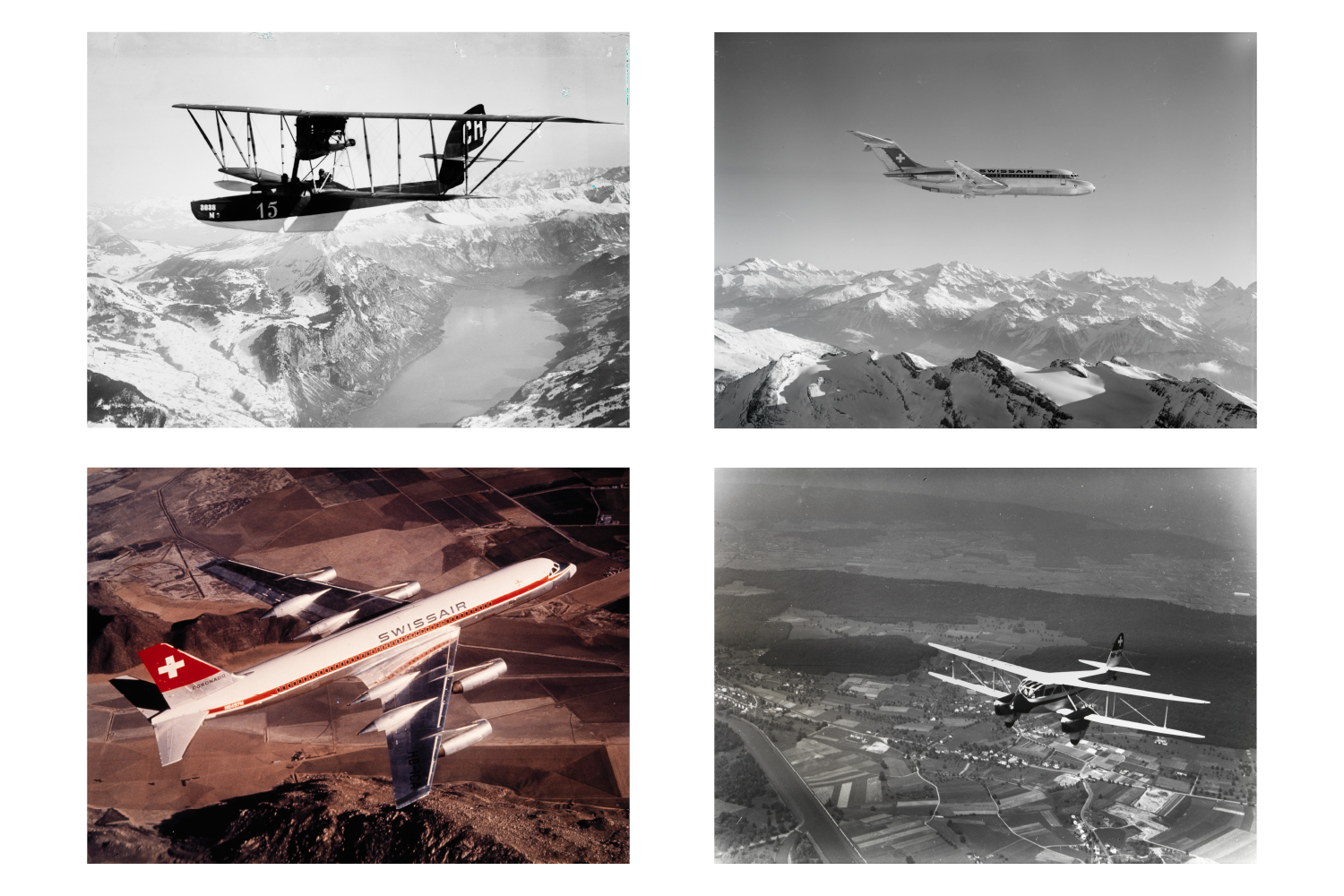 Clockwise from top left:
                              
                              A Macchi M.3 seaplane from Swissair’s forerunner Ad Astra Aero AG over Walensee,  ca. 1920. 
                              
                              A DC-9-15 over the Alps, 1966.
                               
                              A De Havilland DH-89 Dragon Rapide over Geroldswil, flown by Swissair 1948–1954.
                               
                              A Convair CV-990 Coronado in flight, ca. 1960–1962.