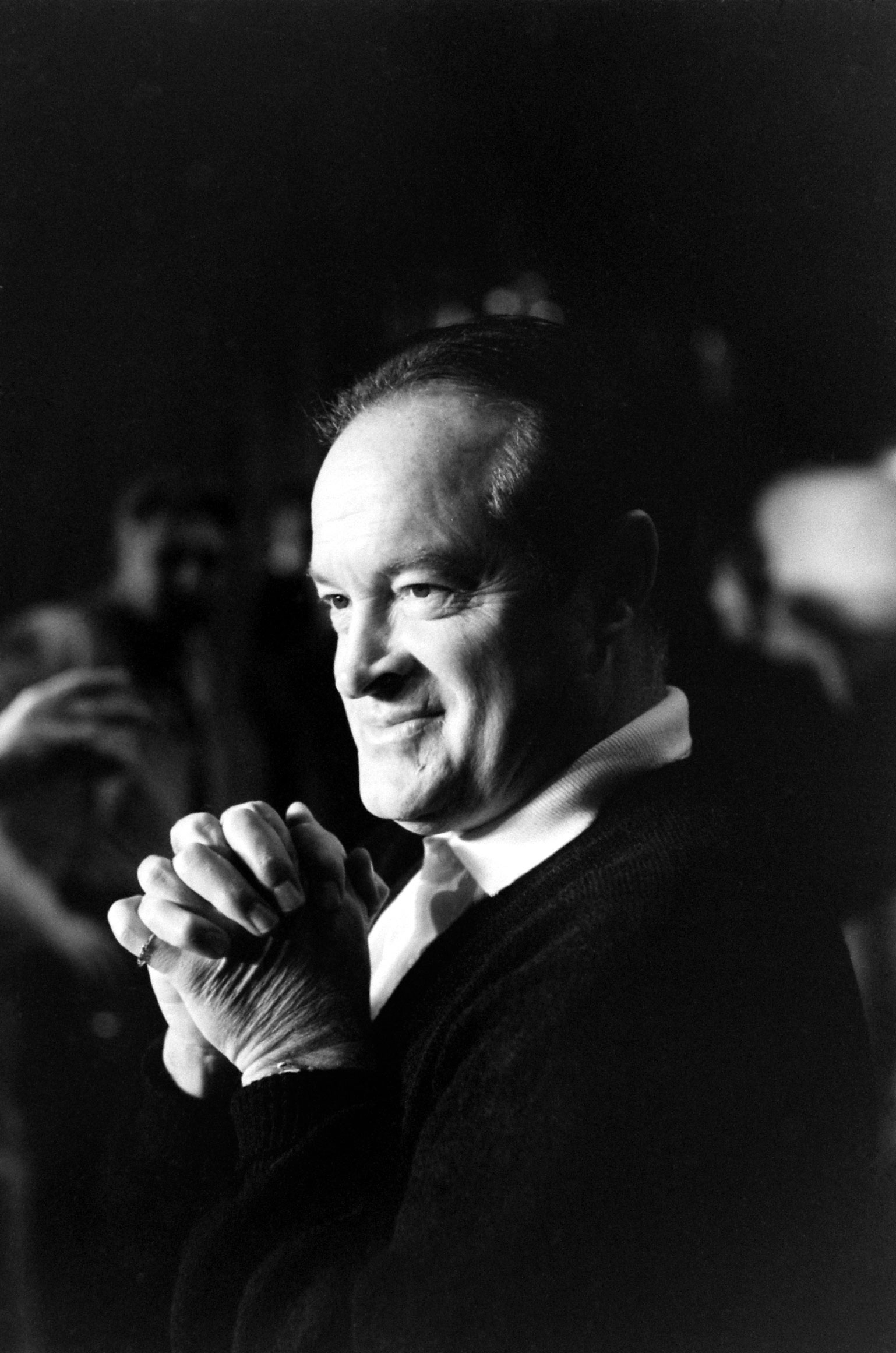Bob Hope, photographed in a quiet moment at the 1958 Oscar rehearsals. According to notes taken during Leonard McCombe's photo shoot, Hope cracked up the likes of Clark Gable and Cary Grant with new material: "Tovarich Hope, newly returned from Moscow, unlimbers his Russian jokes."