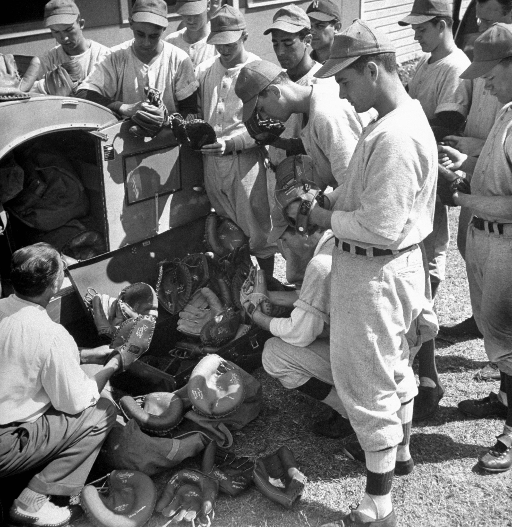 Players buy their own baseball mitts during spring training, Dodgertown, Vero Beach, Fla., 1948.