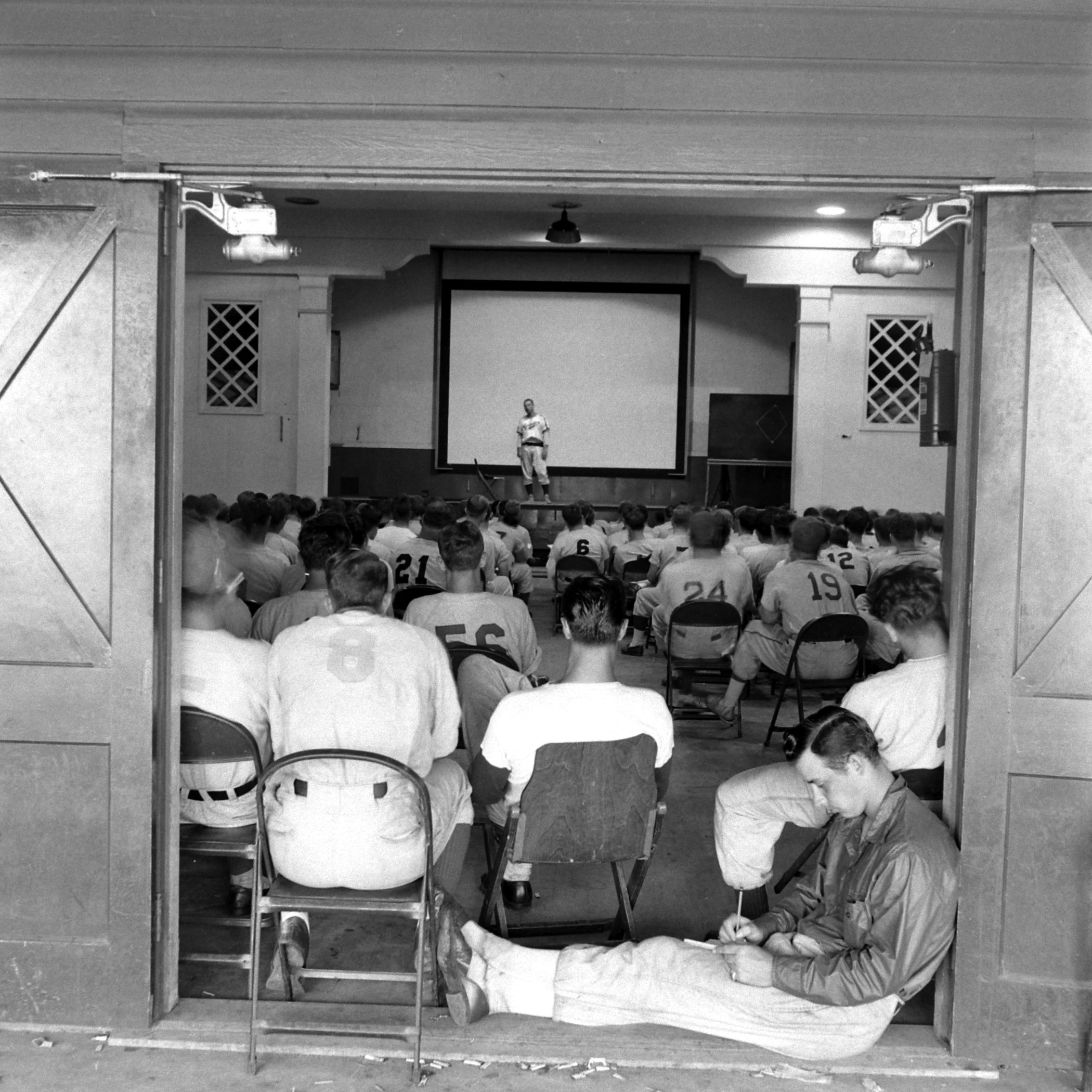 Dodgers players and coaches attend an instructional talk, Vero Beach, Fla., 1948.