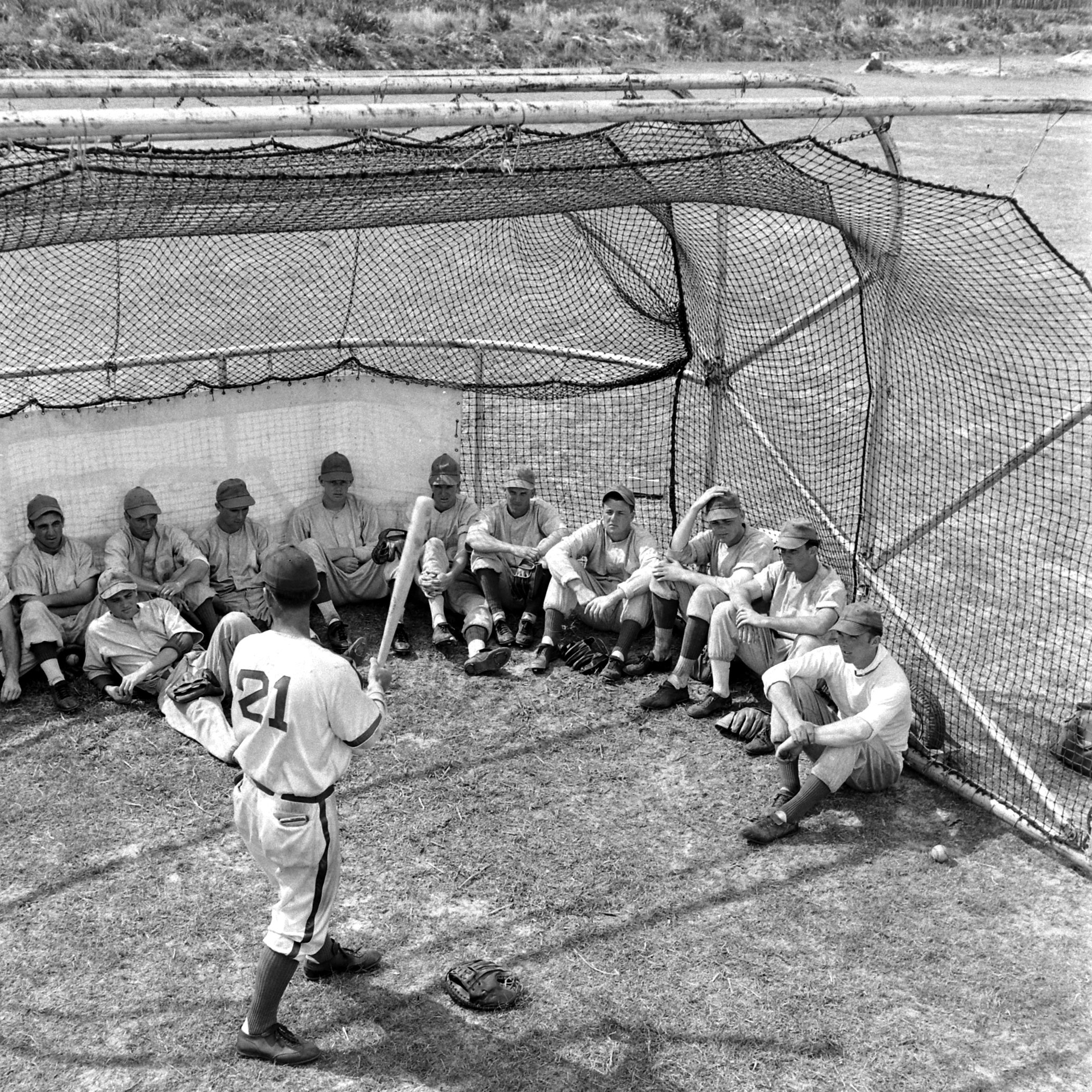 Dodgers rookies and prospects listen to a hitting instructor, Vero Beach, Fla., 1948.