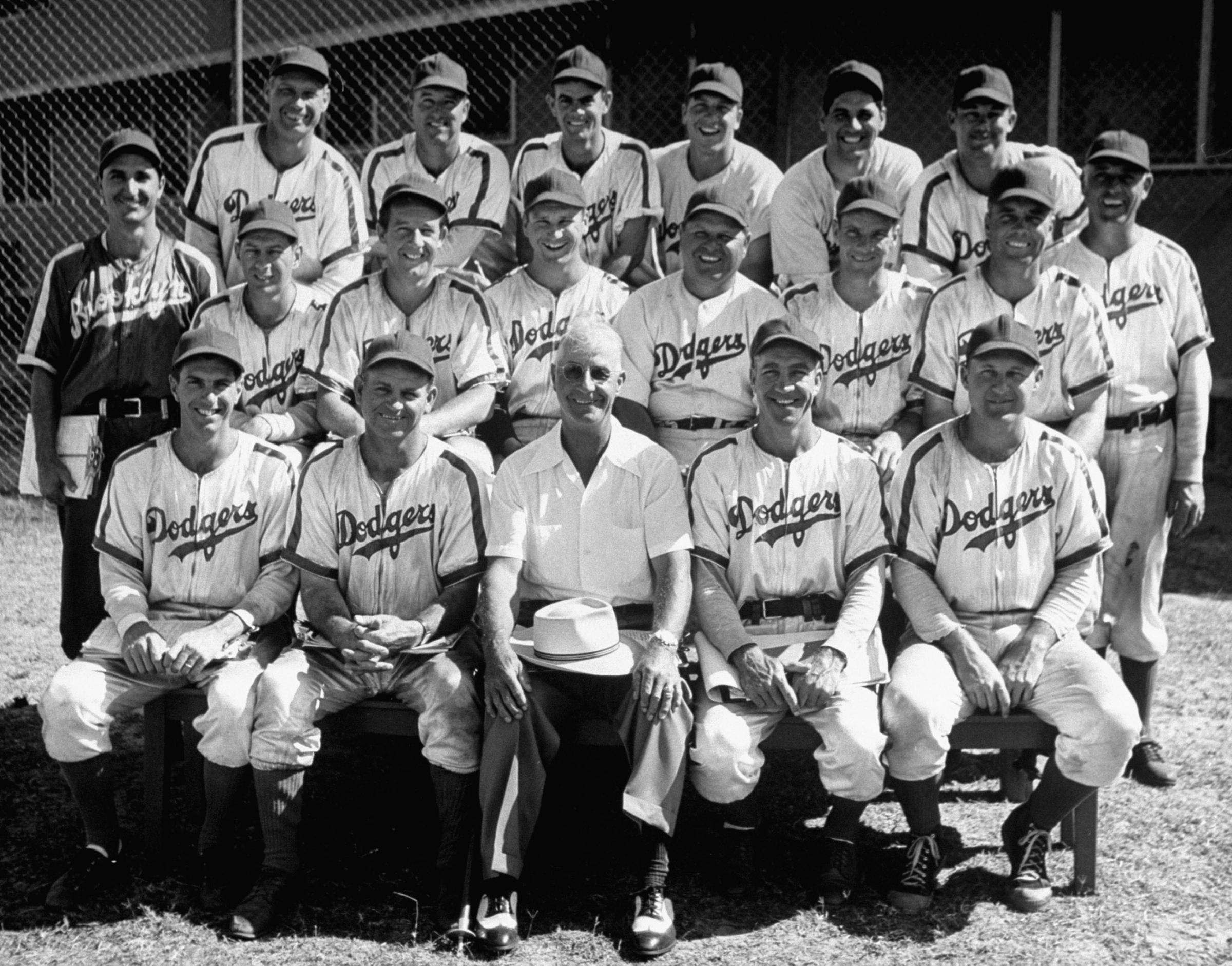 Brooklyn coaches pose for a group portrait during spring training at Dodgertown, Vero Beach, Fla., 1948.