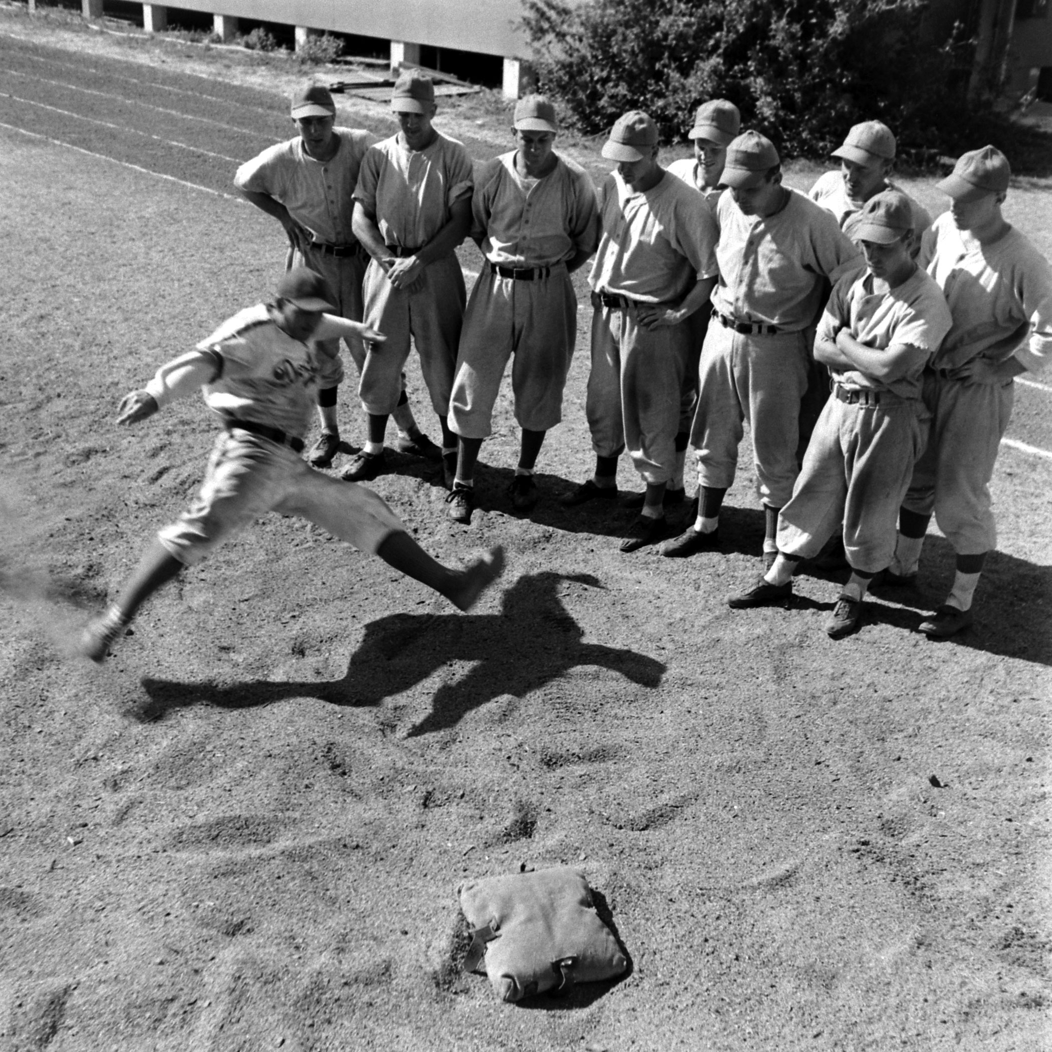 Brooklyn rookies and prospects practice hook slides, Vero Beach, Fla., 1948.
