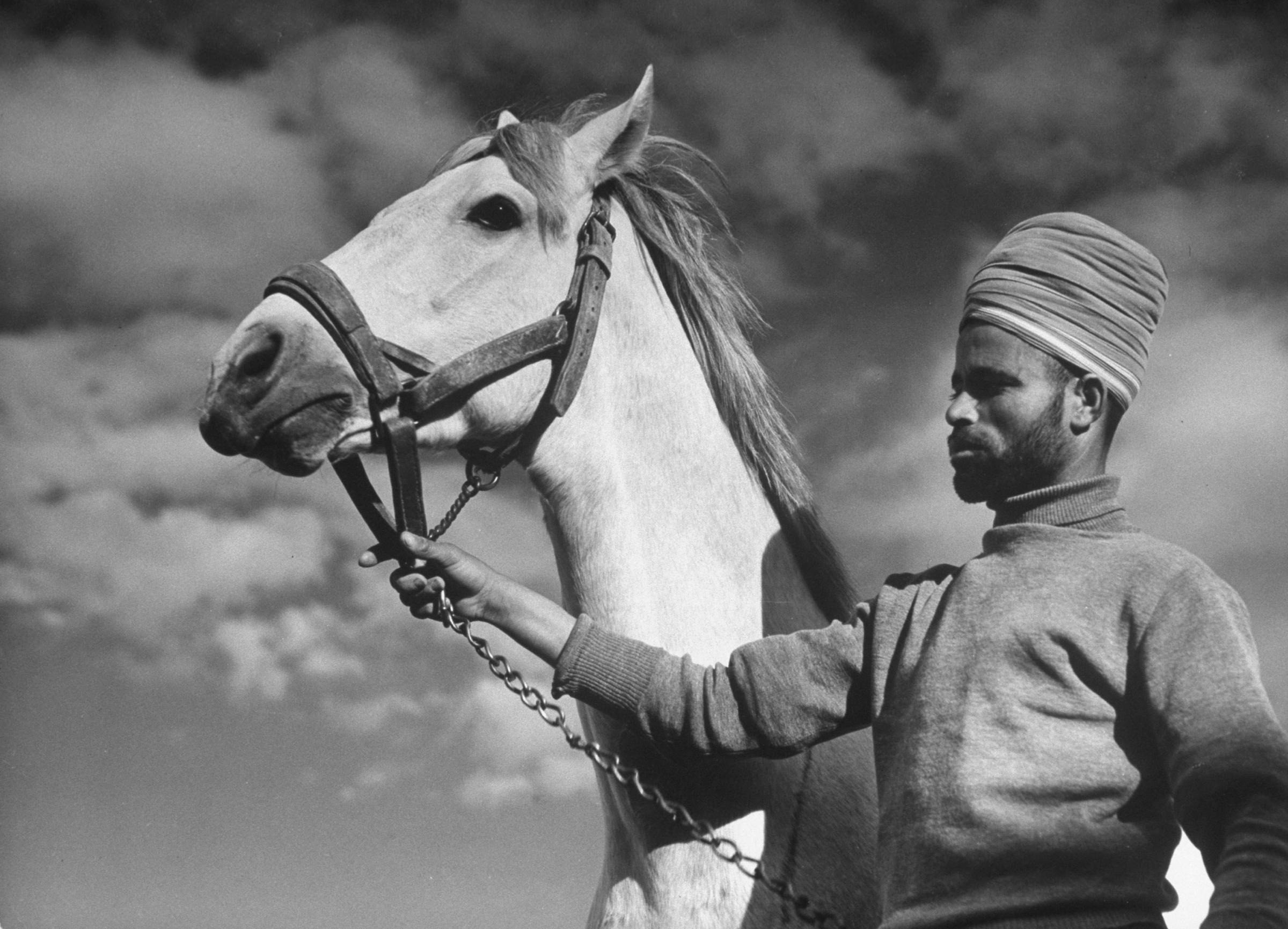 A Moroccan soldier of the French expeditionary force holds an officer's Arabian horse inside the great citadel at Aleppo, 1940.