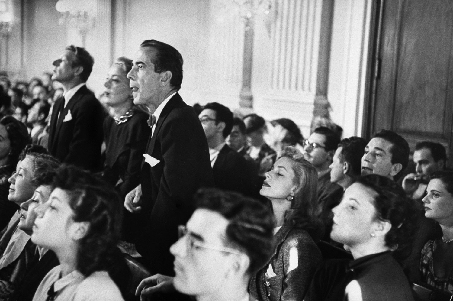 From left: Danny Kaye, June Havoc and Humphrey Bogart, with wife Lauren Bacall sitting beside him, listen intently at the House Un-American Activities Committee hearings in 1947.