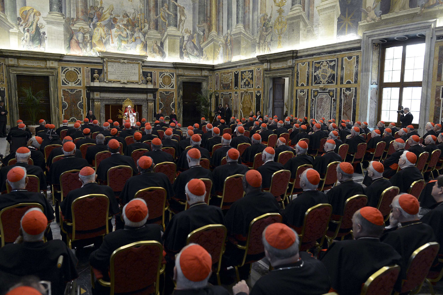 Feb. 28, 2013. Pope Benedict XVI gives an address during the last meeting with the Cardinals at the Vatican.