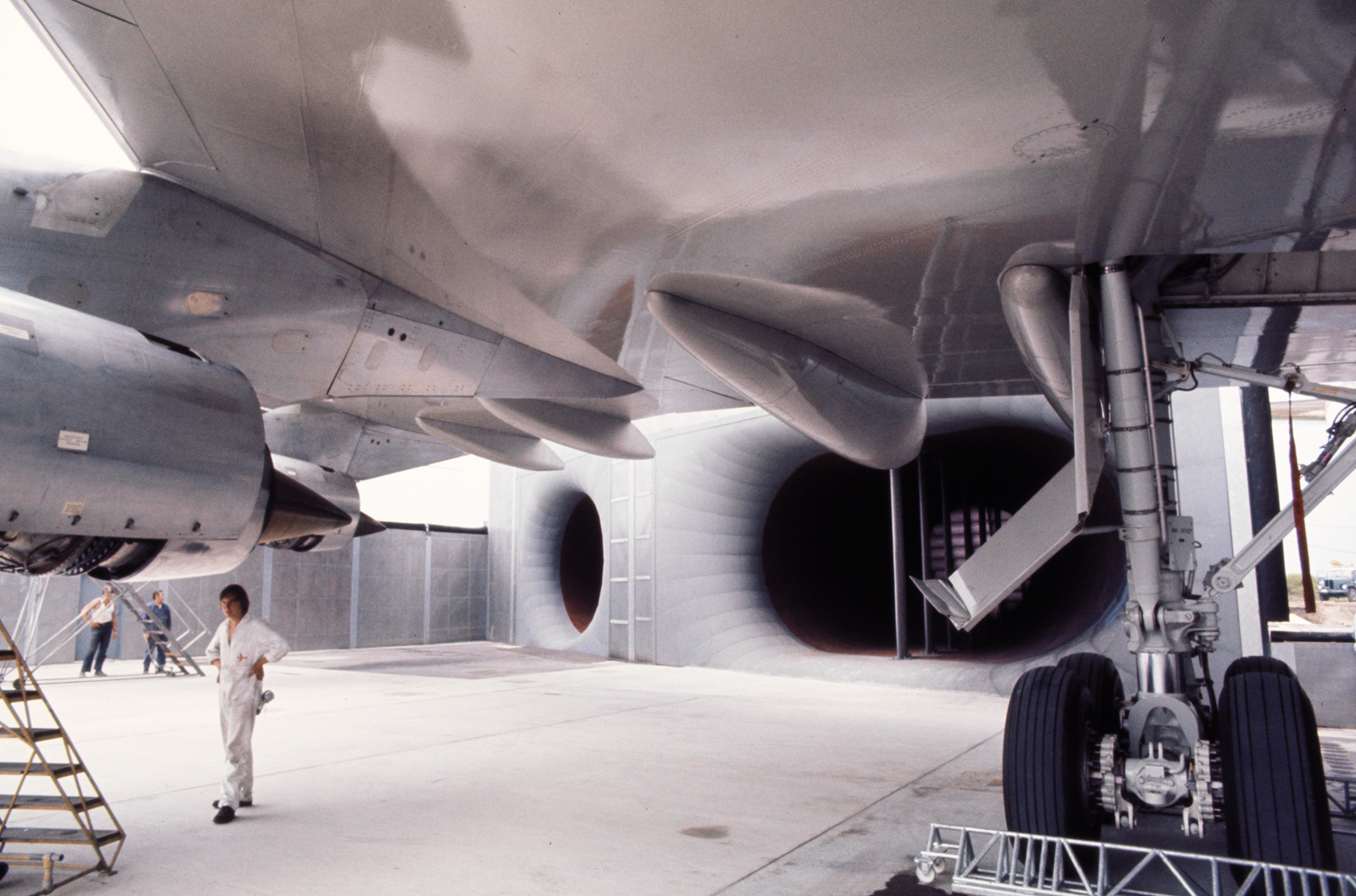 Boeing  747-257 B (Jumbo) in front of a muffler for the static test at Zurich- Kloten, ca. 1980.