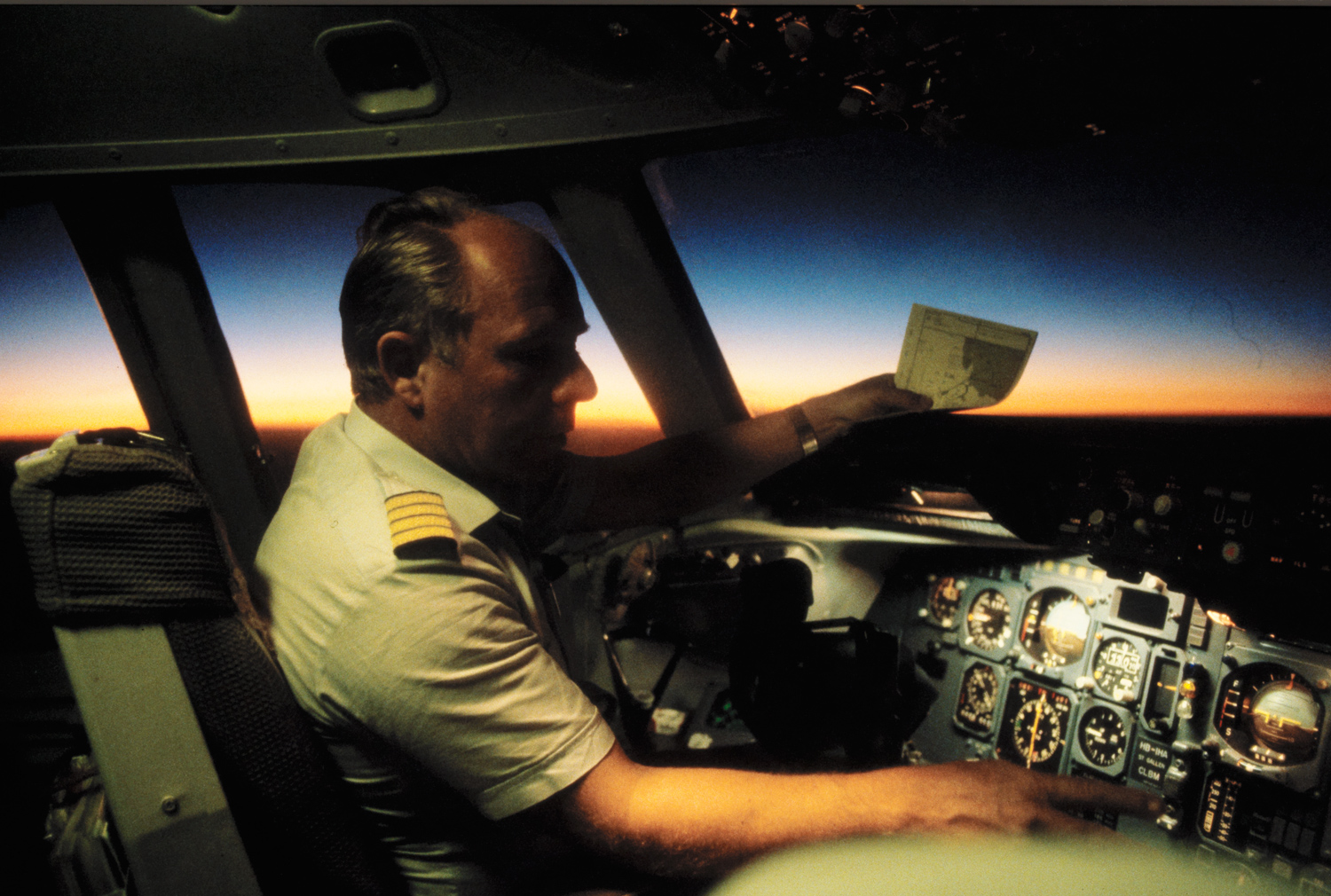 Captain in the cockpit of a DC-10, 1982.
