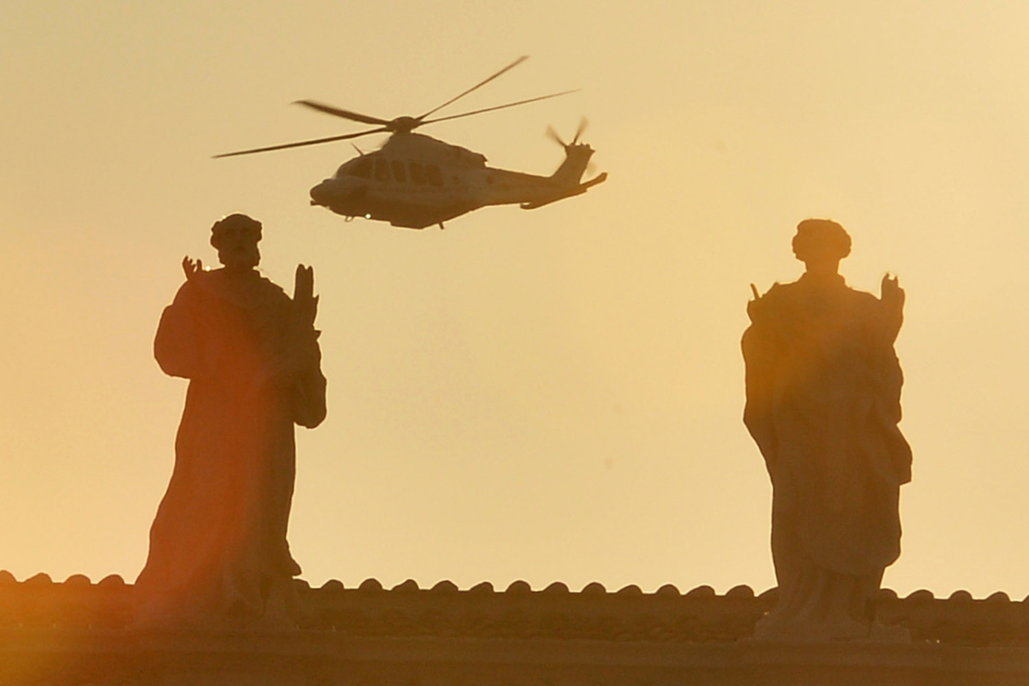 Feb. 28, 2013. The helicopter with Pope Benedict XVI aboard flies past St Peter's square at the Vatican.