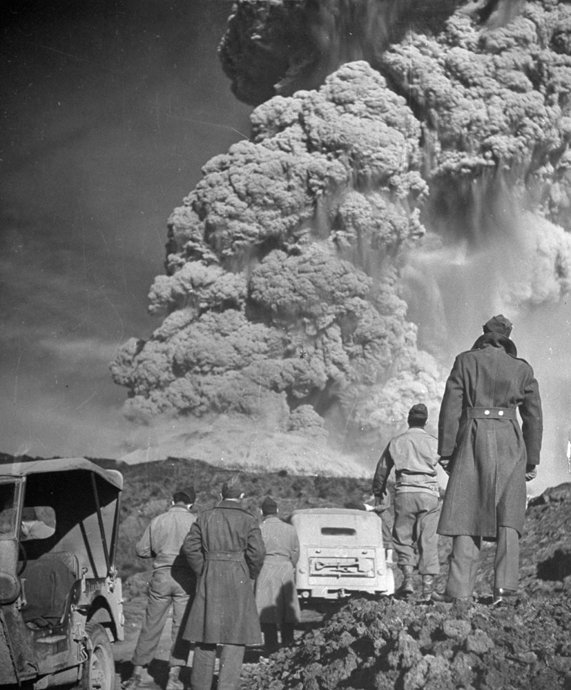 Troops watch the eruption of Mt. Vesuvius, Italy, 1944.