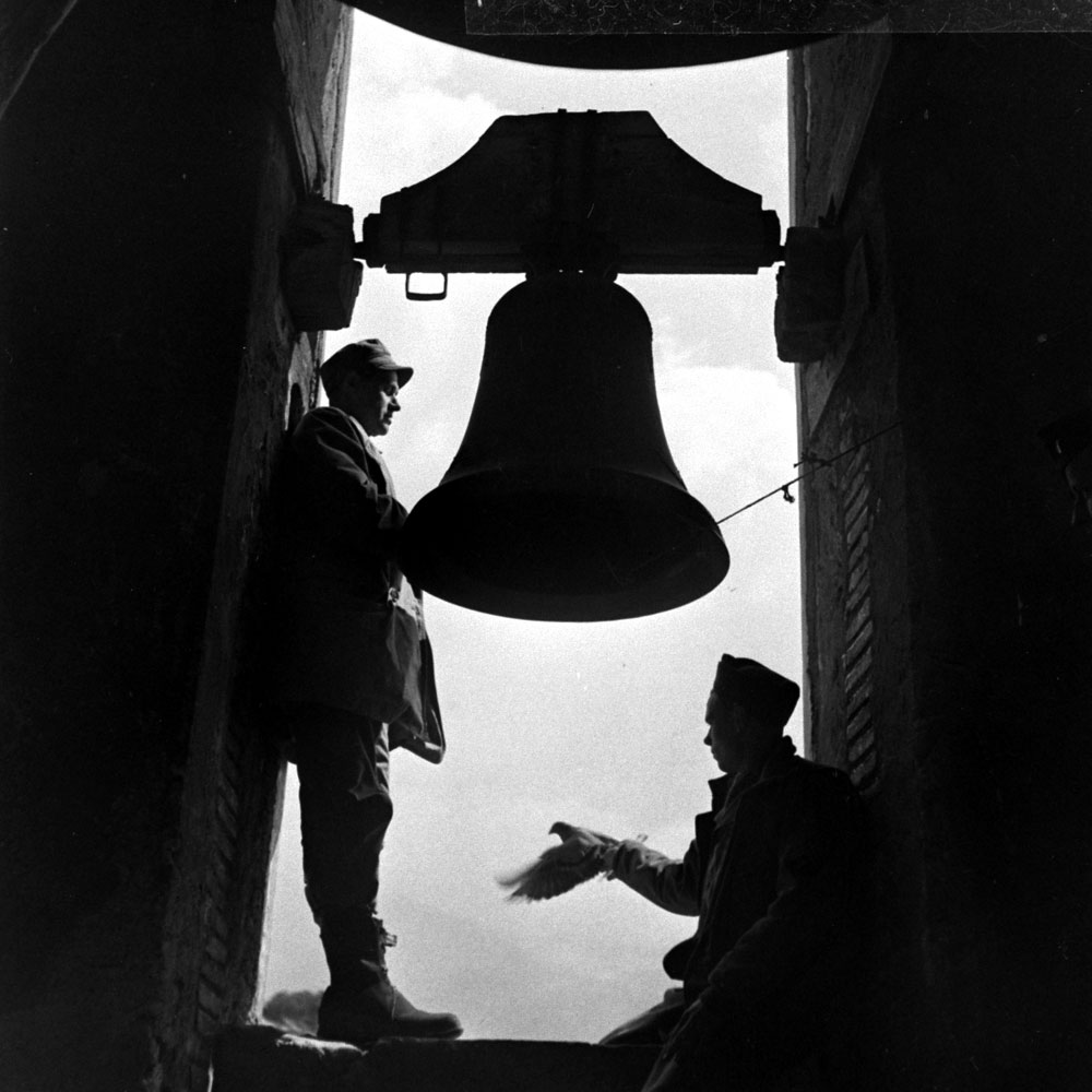 Troops in a bell tower during the 1944 eruption of Mt. Vesuvius, Italy.