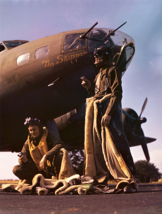 American bomber and crew during World War II, England, 1942.
