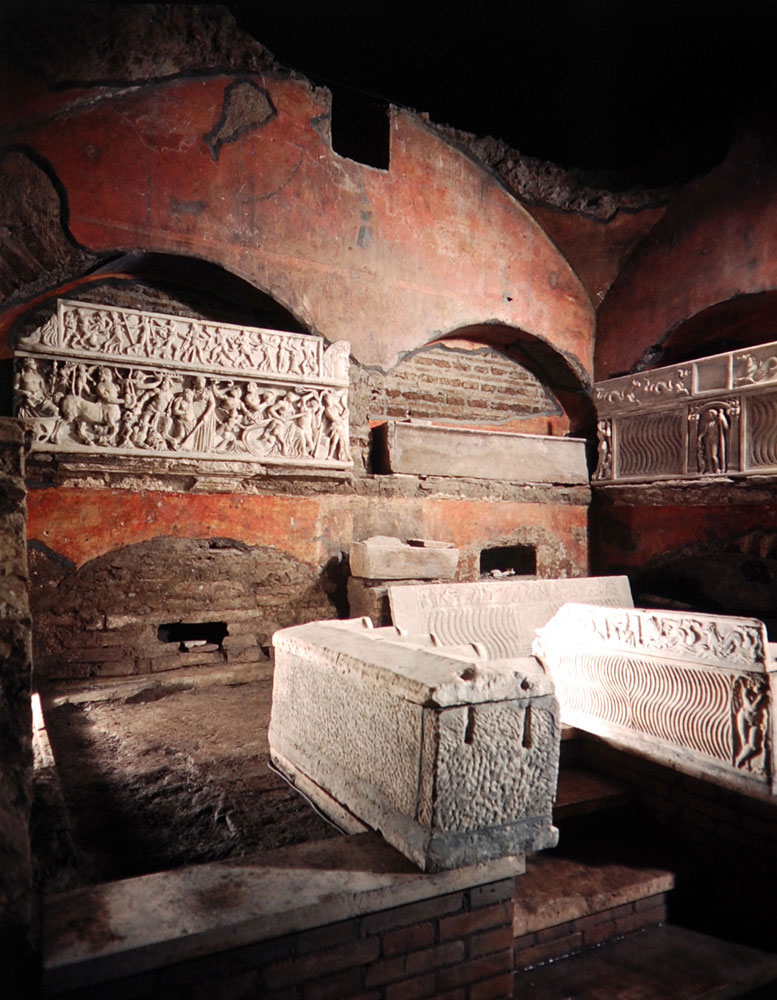 Tomb of the Egizio featuring elaborate sarcophagi sculpted with scenes of Bacchic rites. While most of the findings here were purely pagan, there were also Christian designs -- for example, of a palm leaf and a dove.