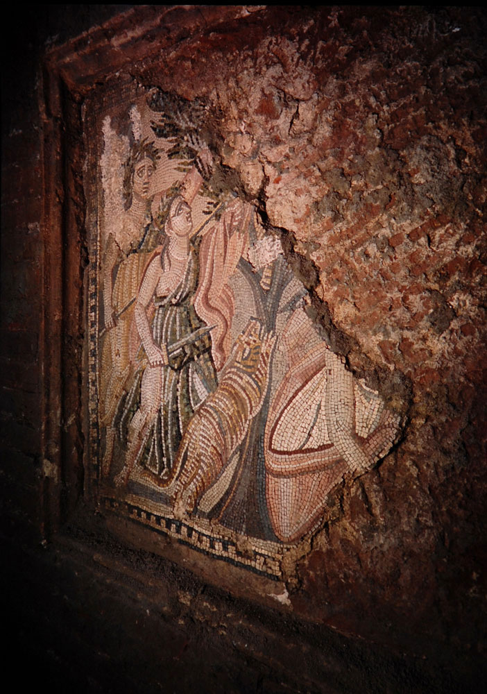 The hunt of the Amazons is portrayed on a polychrome mosaic decorating the facade of the tomb of the Marci.