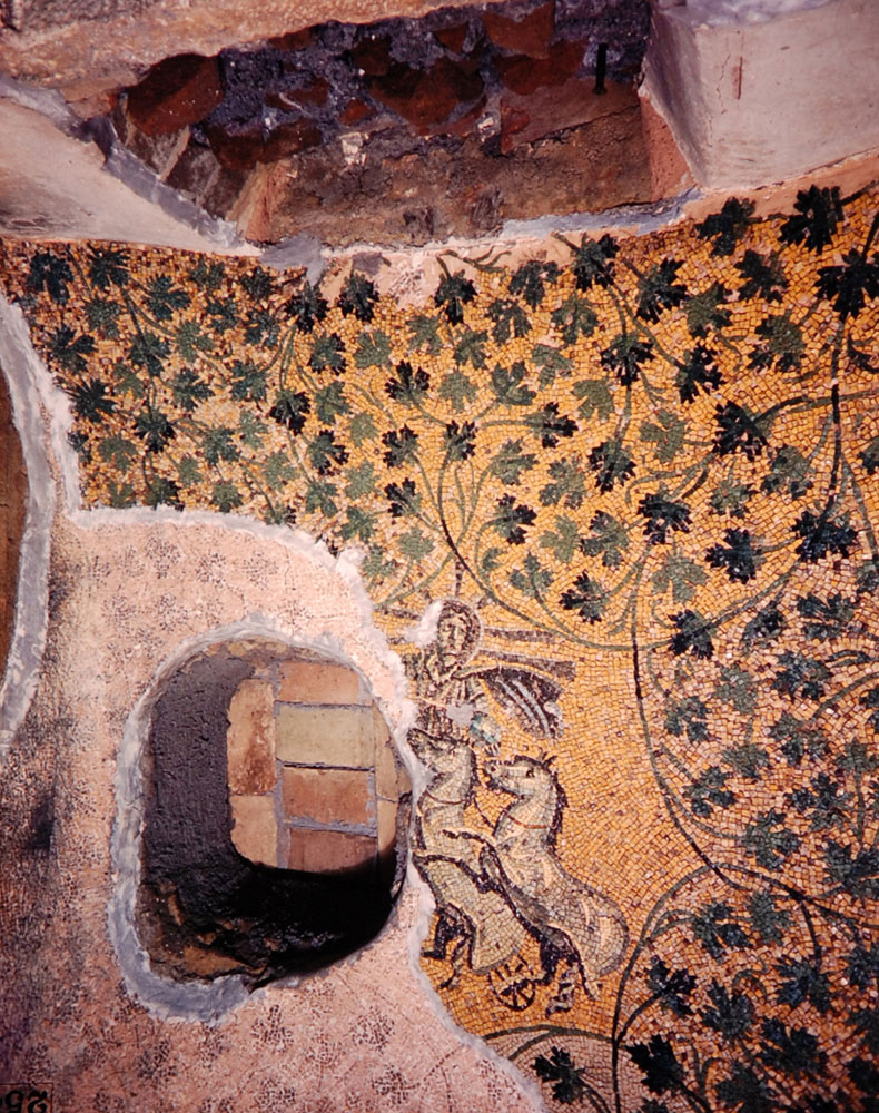 An early Christian mosaic, possibly the earliest known, decorates the ceiling and walls of a mausoleum close to area where St. Peter is supposed to have been buried, Rome, 1950.