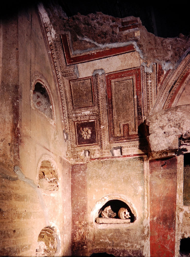 Rich polychrome stucco work in the southwest corner of the Tomb of the Caetennii shows how resplendently it was decorated.
