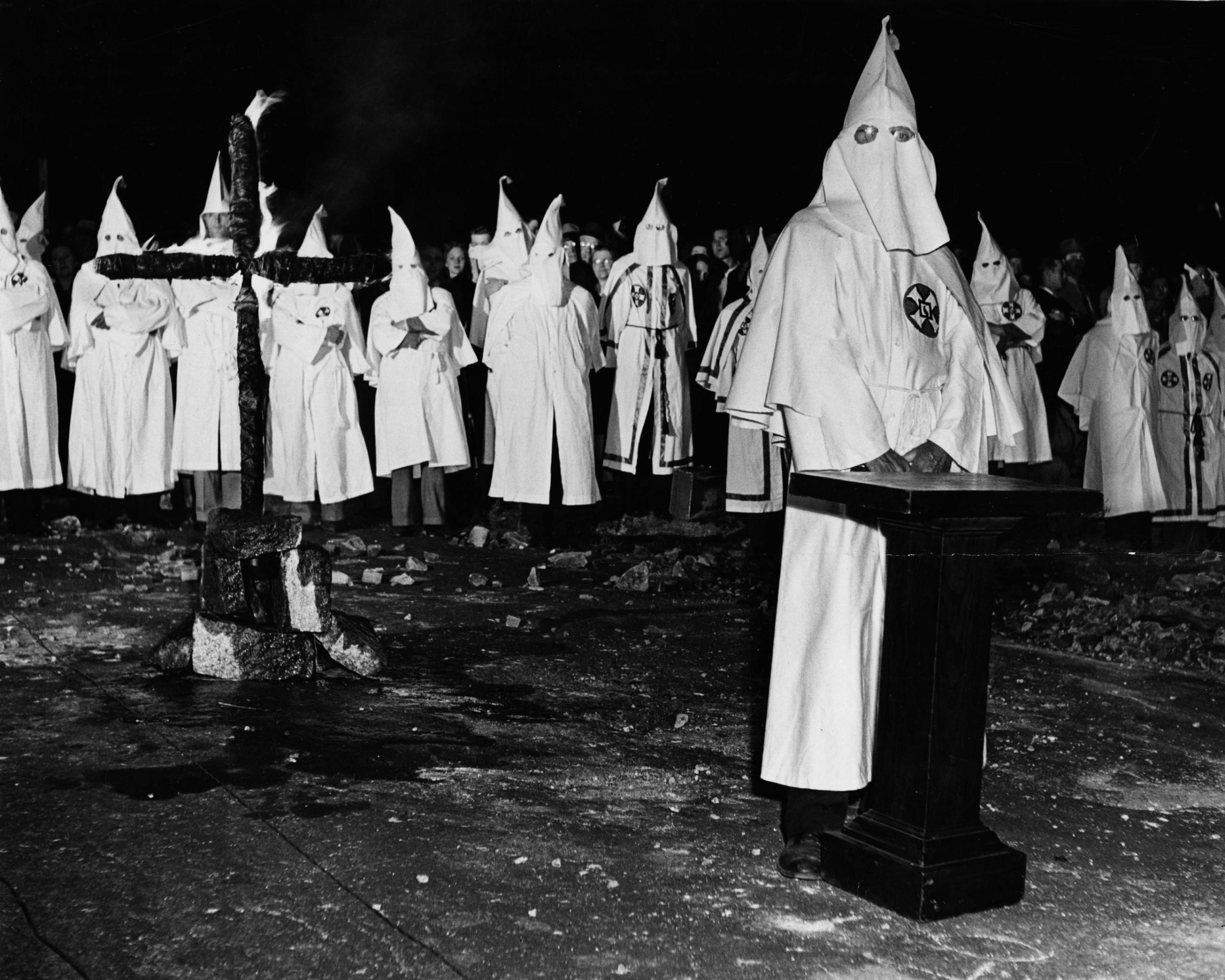 The scene at a Ku Klux Klan initiation ritual in Georgia, May 1946.