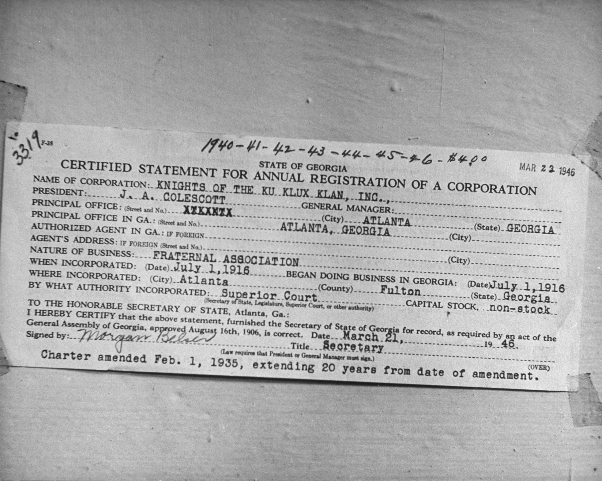 Certified Statement for Annual Registration of a Corporation for the Knights of the Ku Klux Klan, Inc., Fulton County, Ga., 1946.