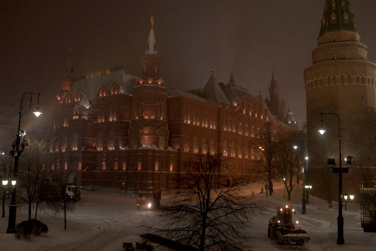 March 24, 2013. A snow plow clears the Manezhnaya Square just outside the Kremlin in Moscow.