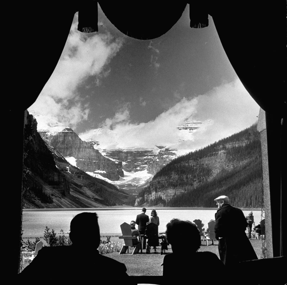 View from a lodge looking up Lake Louise at Victoria Glacier, Canada, 1946.