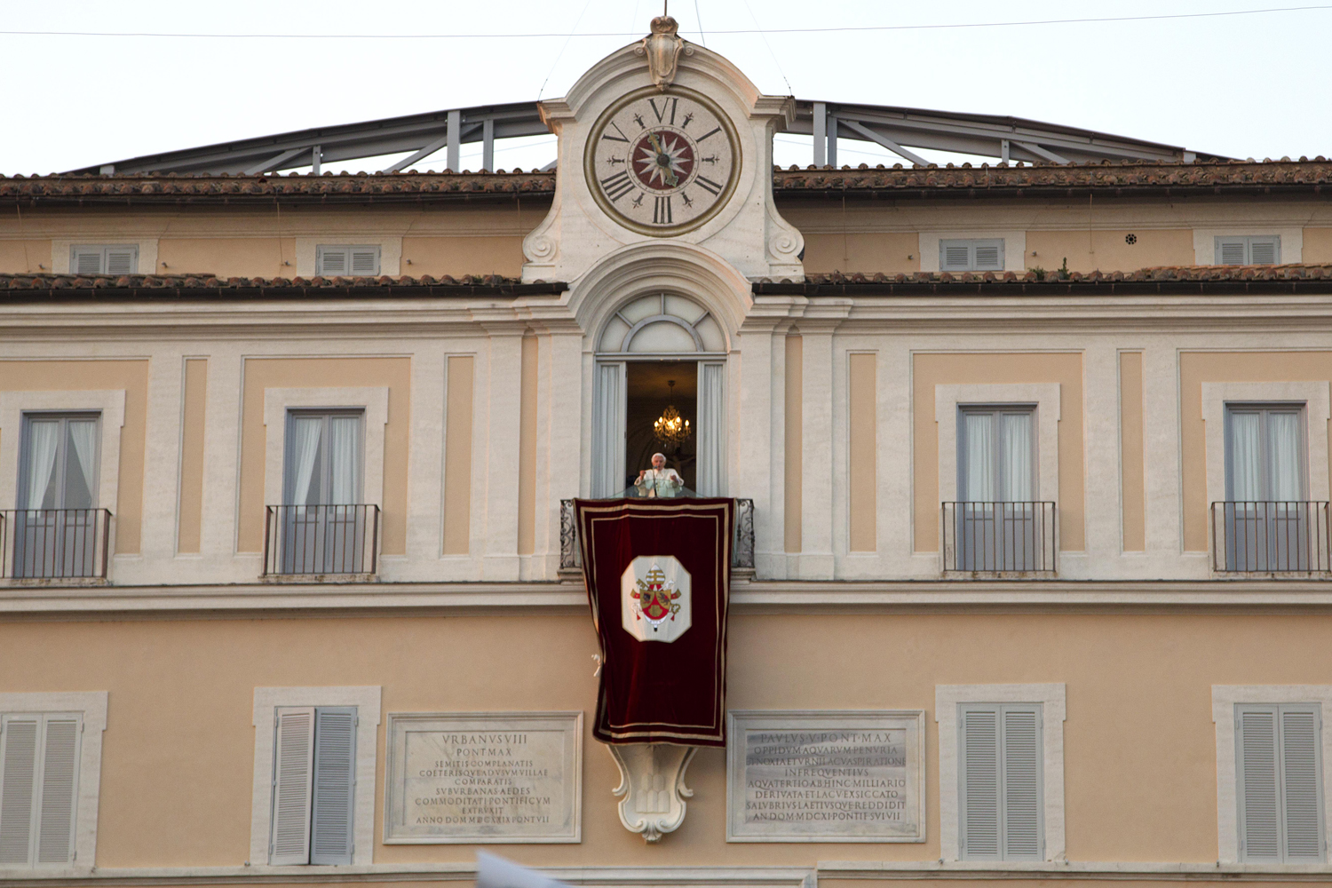 Feb. 28, 2013. Pope Benedict XVI speaks from the balcony window of the Pontifical summer residence in Castel Gandolfo, some 35 kilometers south of Rome, to a cheering crowd gathered to see him off the day he ends his pontificate,
