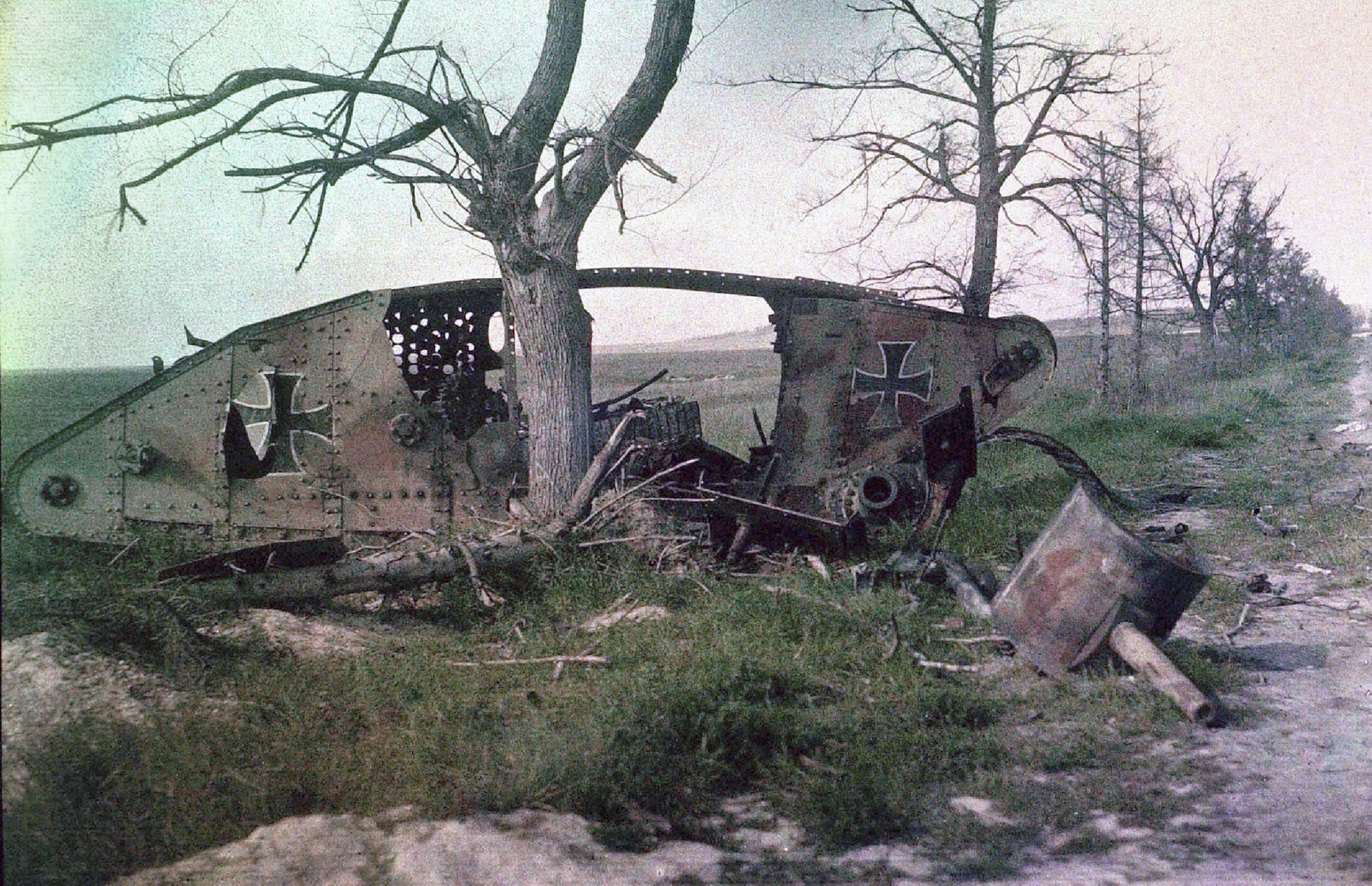 The wreck of a German tank, which was destroyed during a battle on the Western Front.