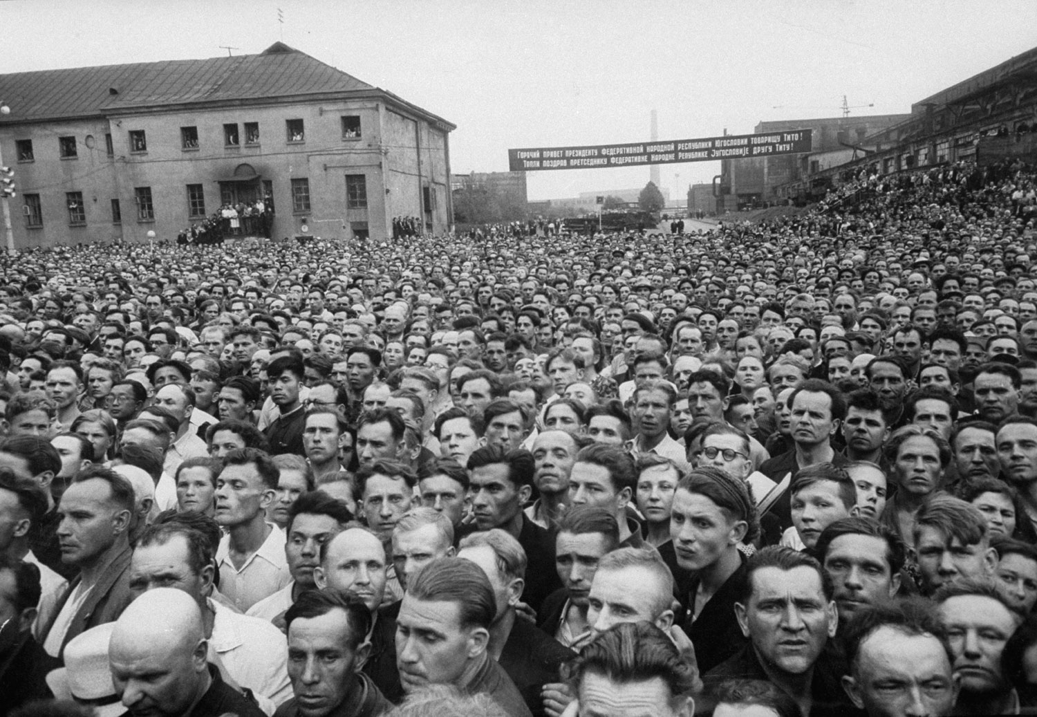 A large crowd gathers to welcome Yugoslav leader Tito during his visit to Russia, 1956.