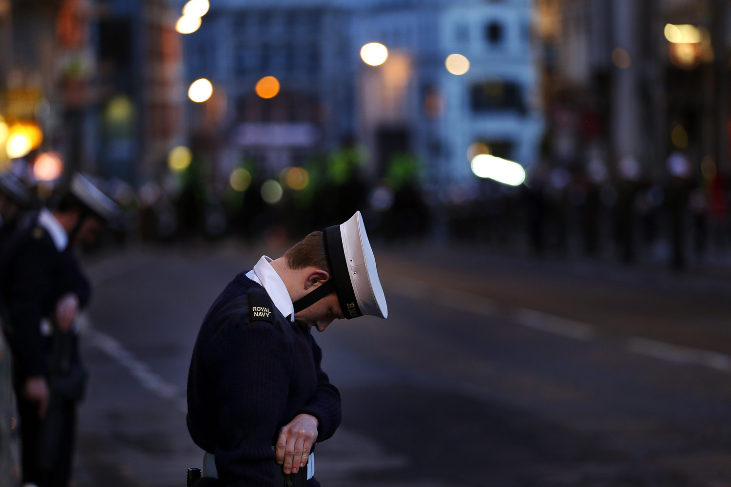 April 15, 2013. British members of the Royal Navy line a street during the rehearsal of former British Prime Minister Margaret Thatcher's funeral near St. Paul's Cathedral, in London.