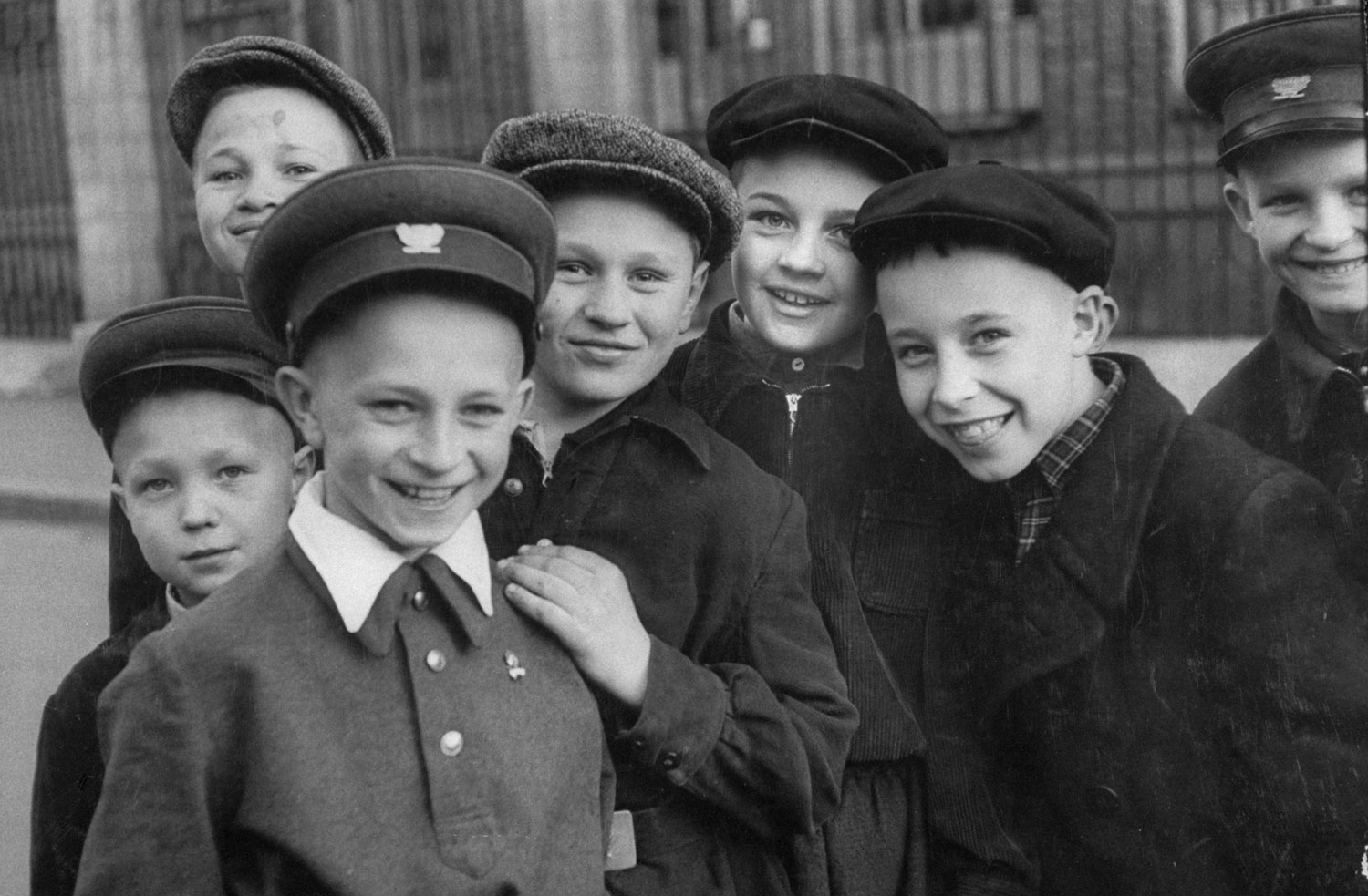 Russian boys line up to see visiting French Prime Minister Guy Mollet, 1956.