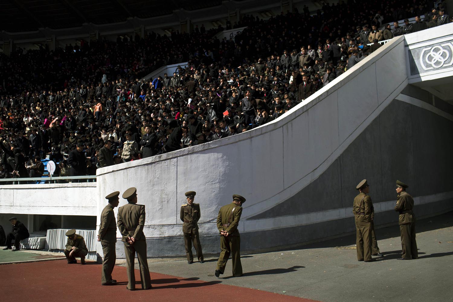 April 14, 2013. North Korean soldiers stand guard inside Pyongyang's Kim Il Sung Stadium.