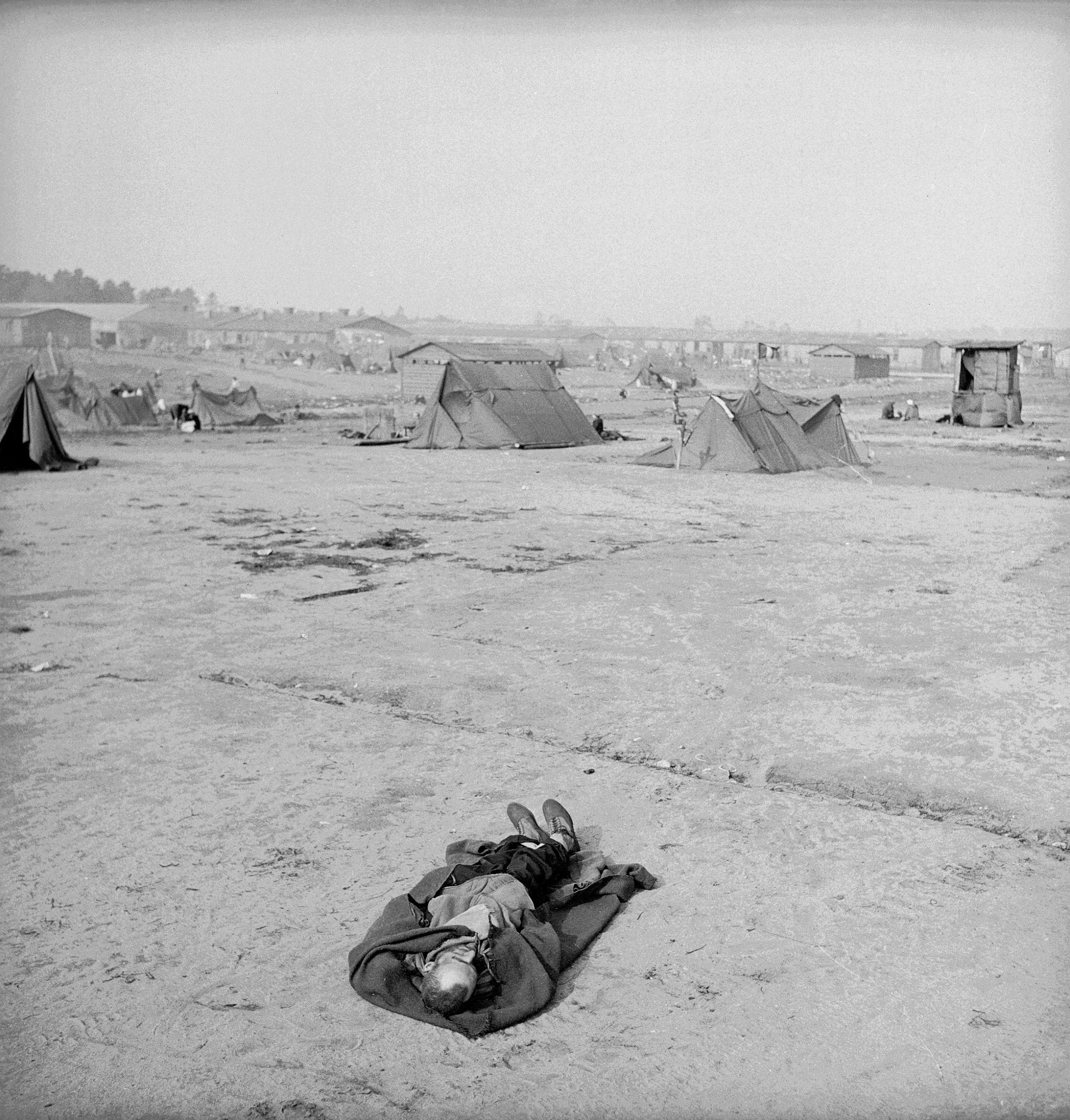 The body of a dead inmate at Bergen-Belsen, photographed shortly after the liberation of the camp by Allied troop, April 1945.