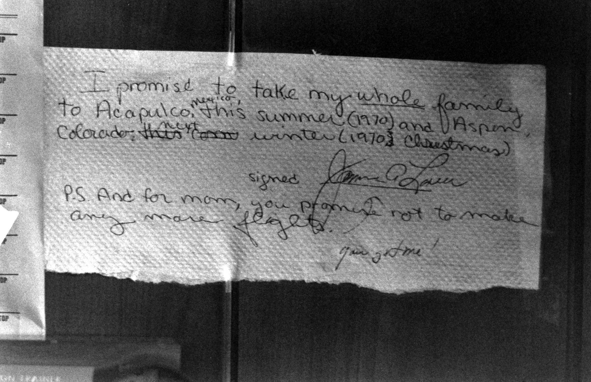 A hand-written note from astronaut James Lovell to his family, promising to take them on vacations to Acapulco and Aspen, 1970.