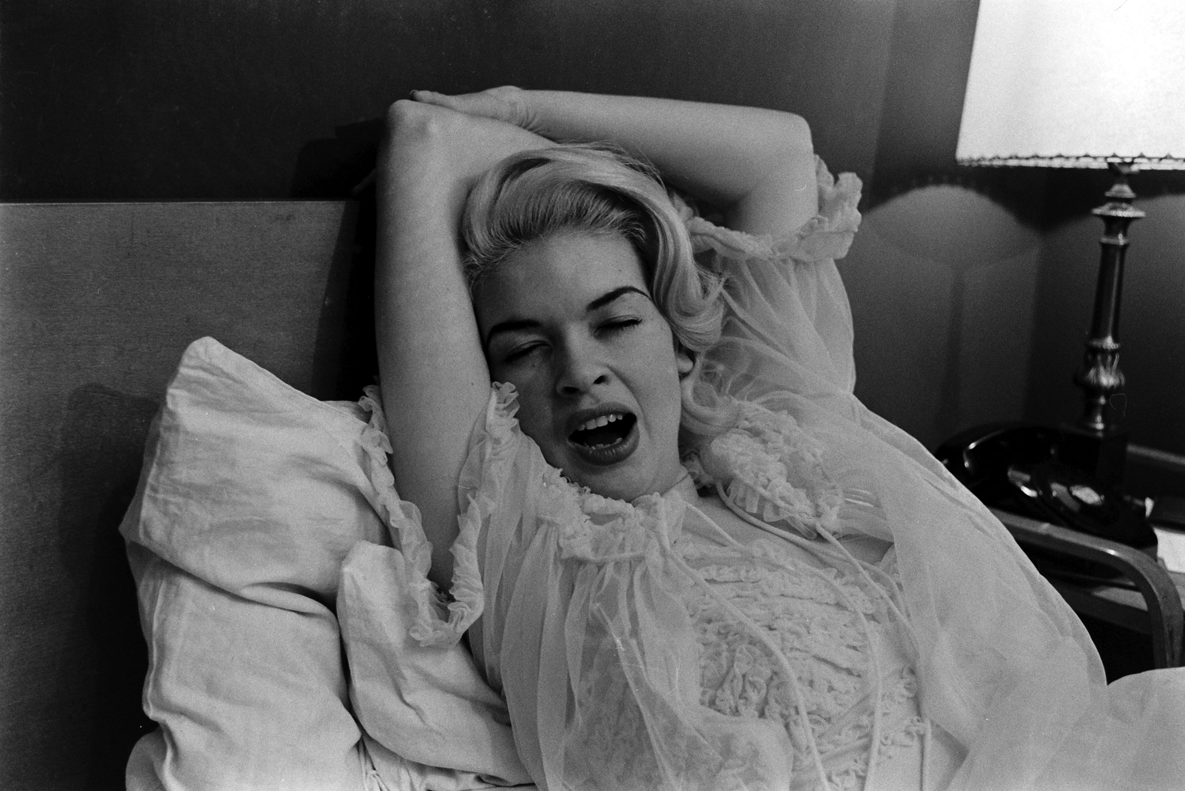 Jayne Mansfield, terribly relaxed at home, Hollywood, 1956.