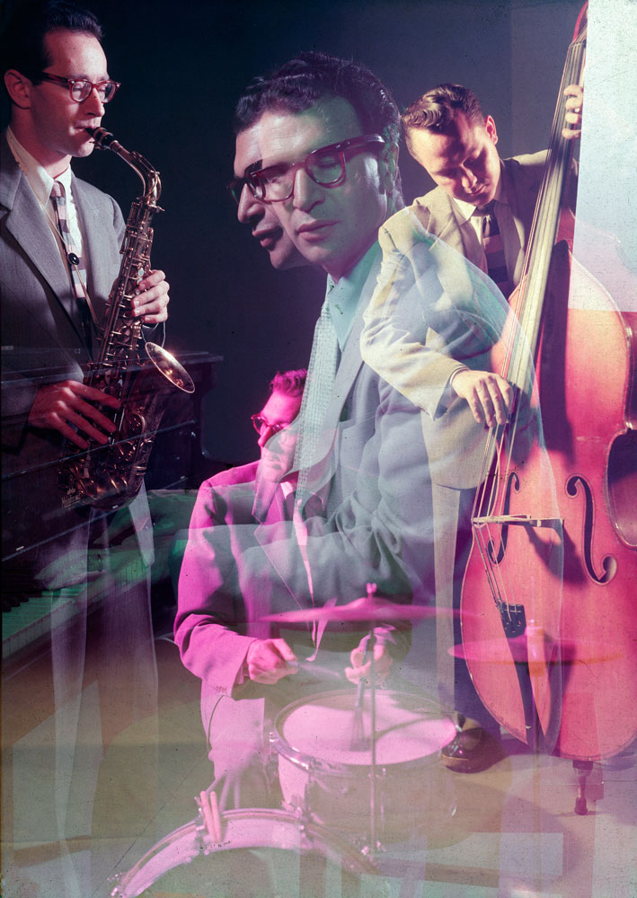 Most popular of all the new jazzmen, pianist Dave Brubeck developed his style with the West Coast school. Here, shaking his head as he loses himself in free-form harmonies of music, he is circled by coworkers Paul Desmond, Joe Dodge and Bob Bates.