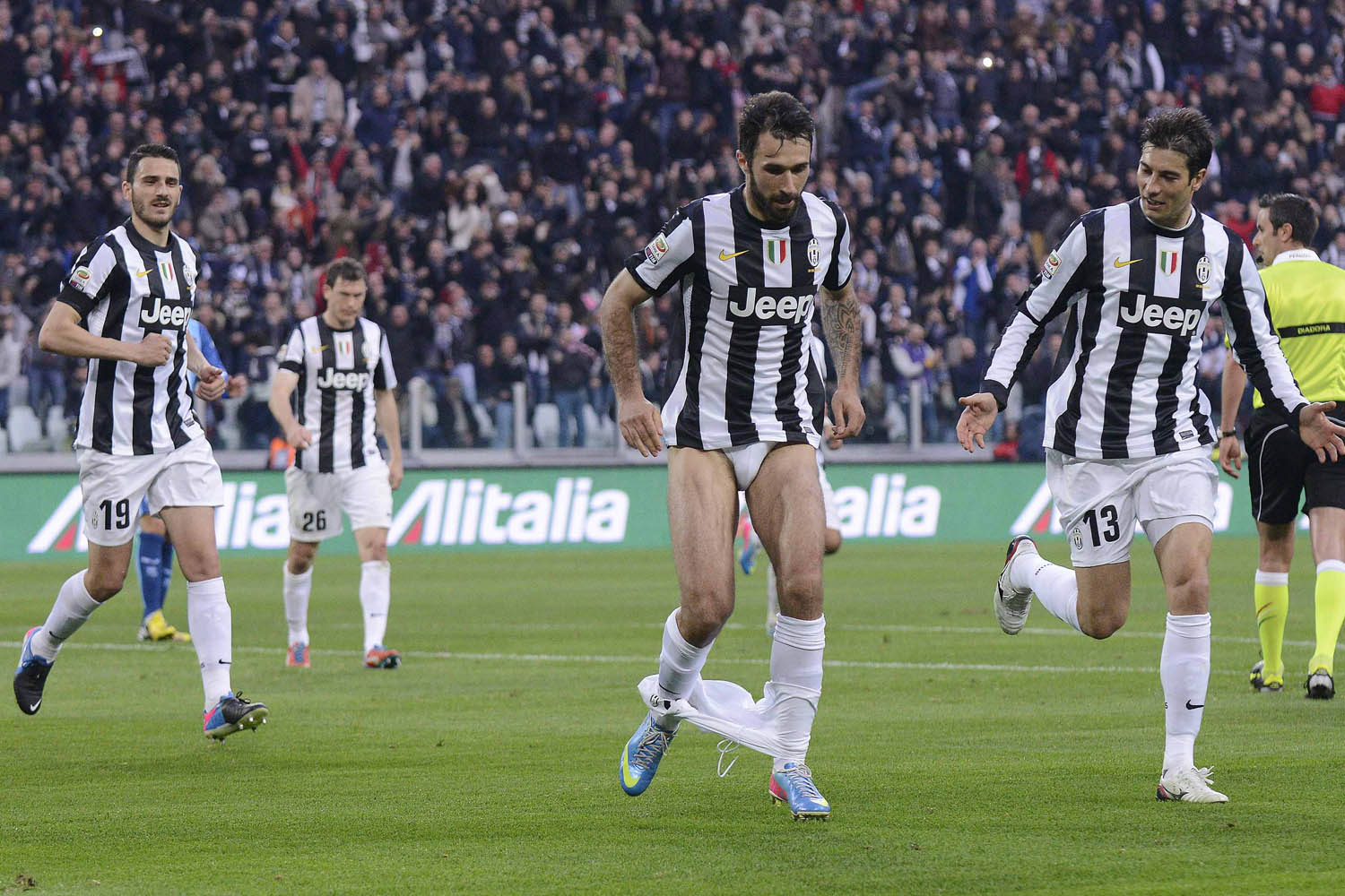 Juventus' Mirko Vucinic celebrates after scoring against Pescara during their Italian Serie A soccer match at the Juventus stadium in Turin