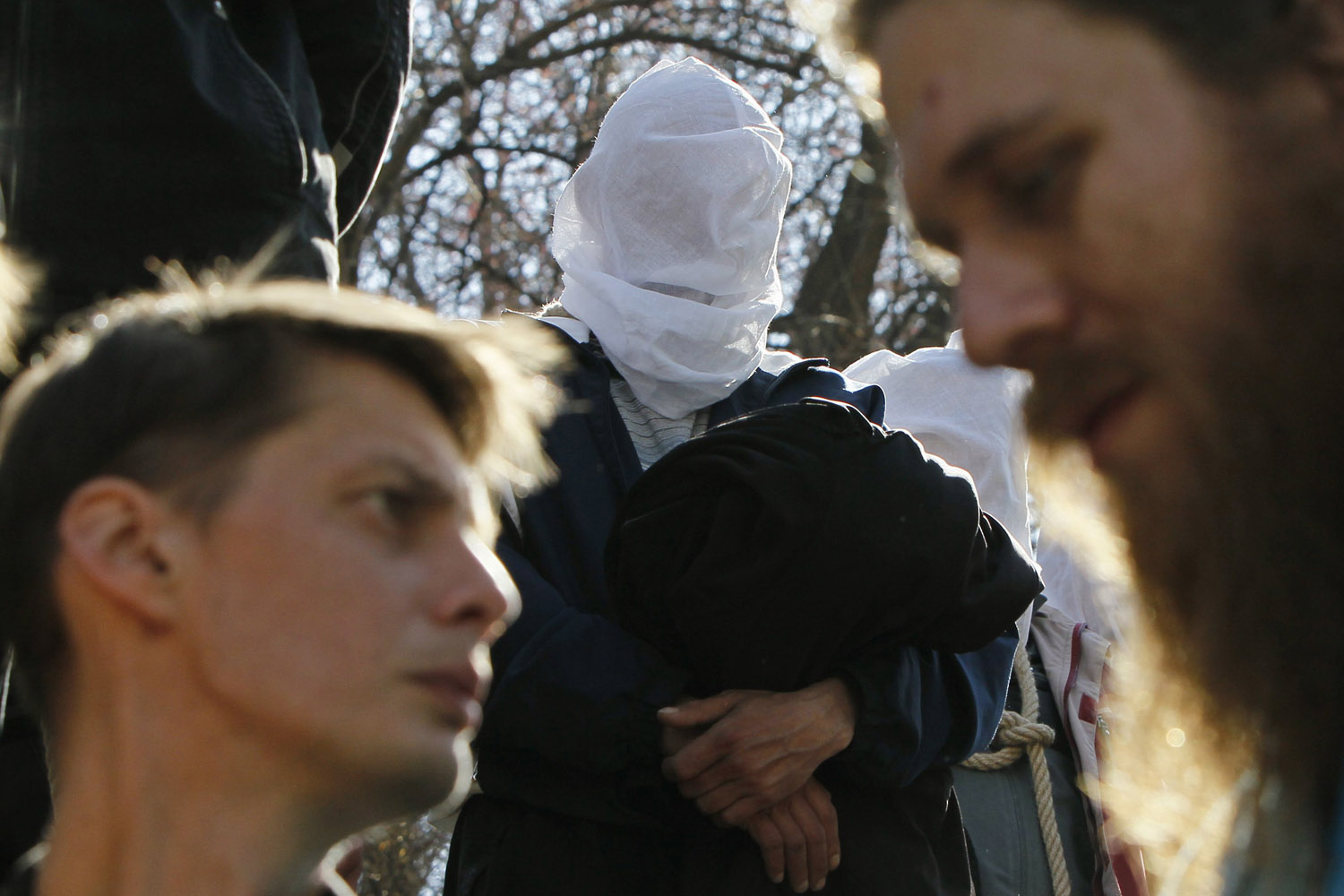 April 17, 2013. A protester takes part in a rally staged by Ukrainians suffering from infectious diseases such as HIV, AIDS, tuberculosis and hepatitis in front of Ukrainian Cabinet of Ministers building to protest the lack of drugs for treatment in Kiev.