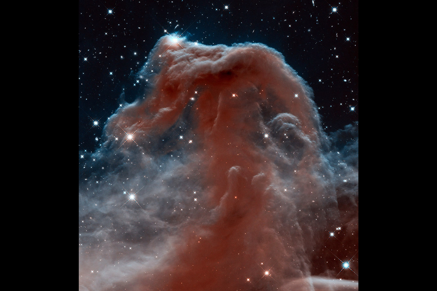 April 19, 2013. This new Hubble image, captured and released by the ESA-NASA Hubble Heritage to celebrate the telescope's 23 year in orbit, shows part of the sky in the constellation of Orion (The Hunter). Rising like a giant seahorse from turbulent waves of dust and gas is the Horsehead Nebula, otherwise known as Barnard 33.