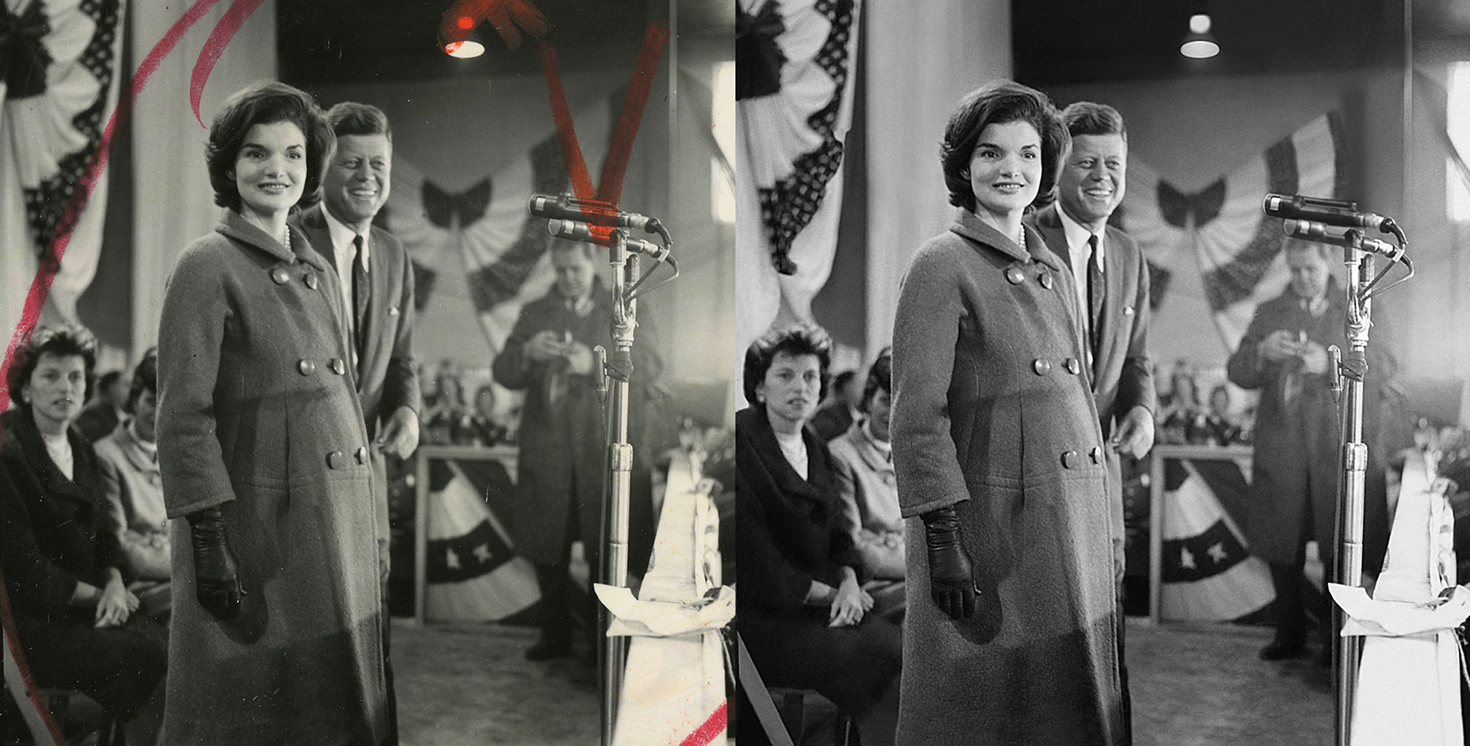 President-elect John F. Kennedy, alongside his expectant wife, Jacqueline, gave his acceptance speech at the National Guard Armory in Hyannis Port, Mass., the day after 1960 election. The Newseum restoration, right, removed the red marks made by the photographer and adjusted the tone of the photo.