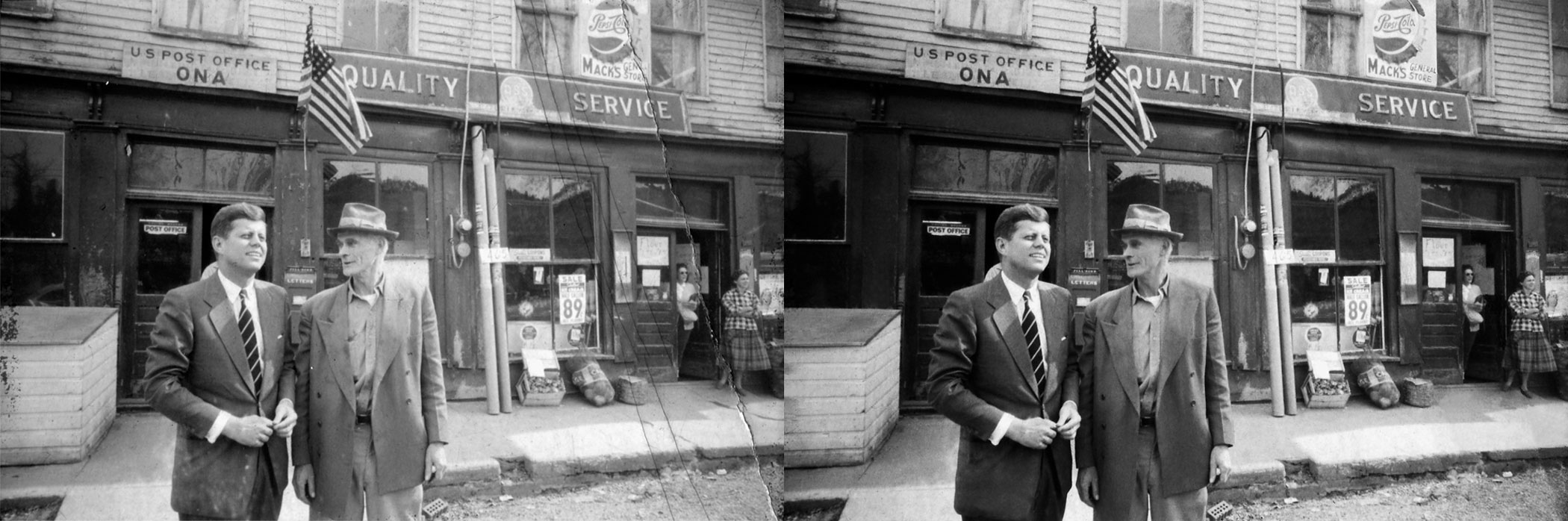 John F. Kennedy stands next to a lone voter in Ona, W.Va., during a presidential campaign stop. The crease marks visible in the original image, top, were digitally removed in the restored version, below.