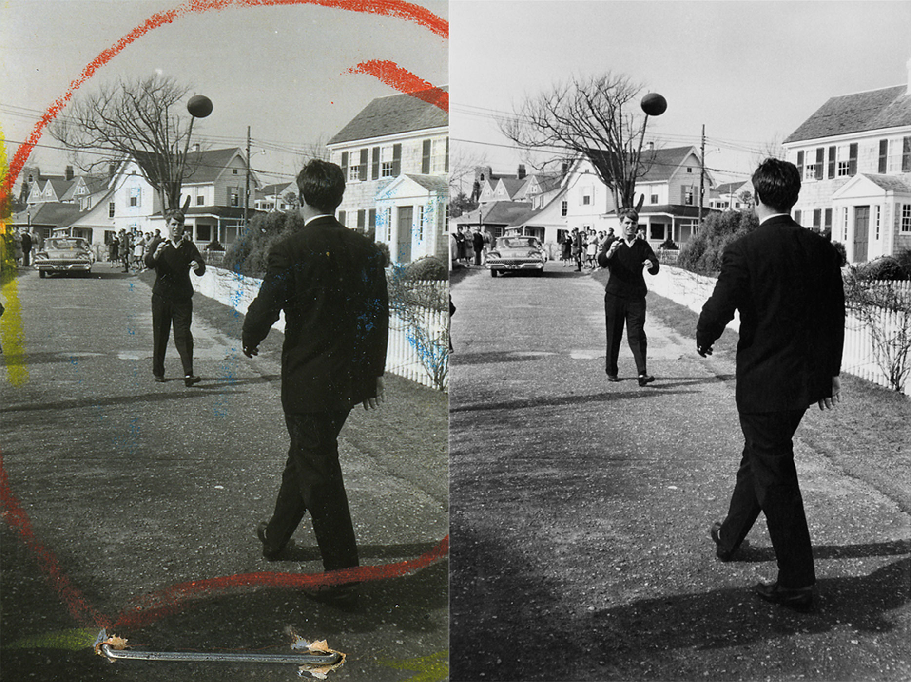 Robert and Edward Kennedy, John F. Kennedy’s brothers, toss a football in Hyannis Port, Mass., the morning after the 1960 election. The Newseum restoration, right, removed the staple and red marks.