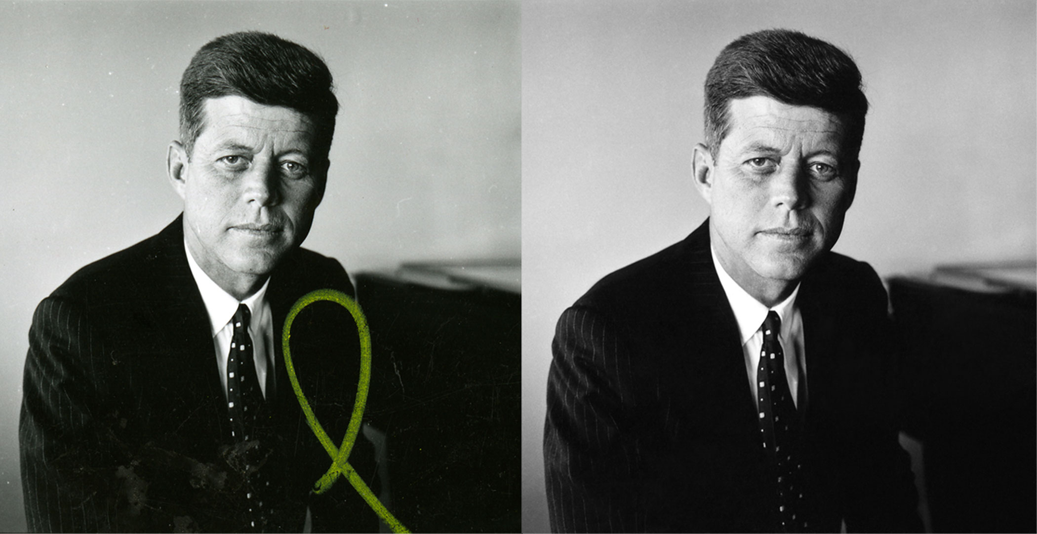 This is Jacques Lowe’s first portrait of John F. Kennedy, made during one of Kennedy’s rare days off from his 1958 Senate re-election campaign. To restore this image for the Newseum’s “Creating Camelot” exhibit, the image was cleaned, the tone adjusted and the yellow mark removed.