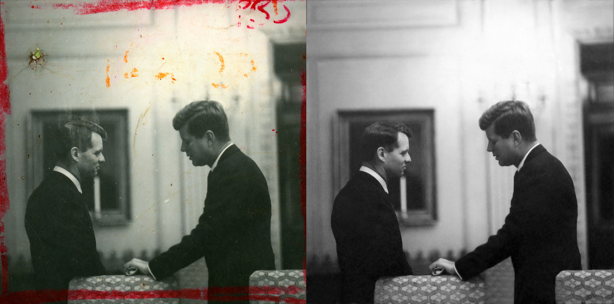 This image of President John F. Kennedy and his brother Robert at the White House in 1961 is featured in a film in the Newseum’s “Creating Camelot” exhibit. In the restored version, right, the marks on the photo and the hole in the contact sheet were digitally removed.