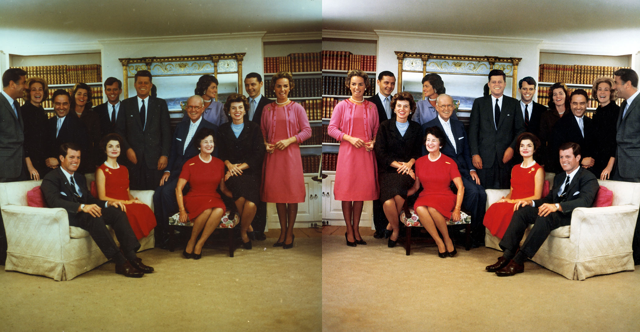 Jacques Lowe captured this family portrait of the Kennedys in Hyannis Port shortly after John F. Kennedy’s election results were announced. The image at left was accidentally flipped on the contact sheet. The exhibit photo, right, shows the image with the correct orientation and its color restored.