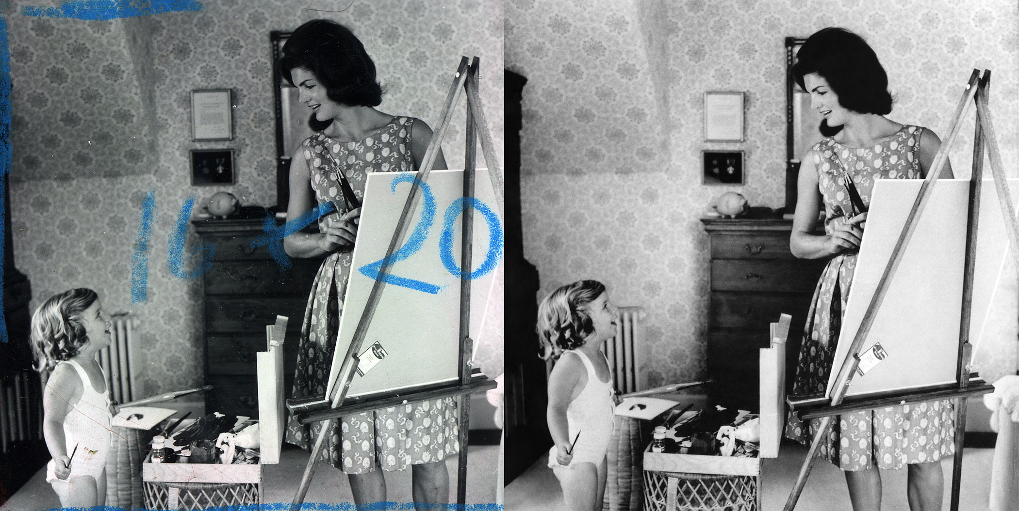 Jacqueline Kennedy paints with her daughter, Caroline. The blue marks made by the photographer were removed for the image at right, which appears in the Newseum’s “Creating Camelot” exhibit.