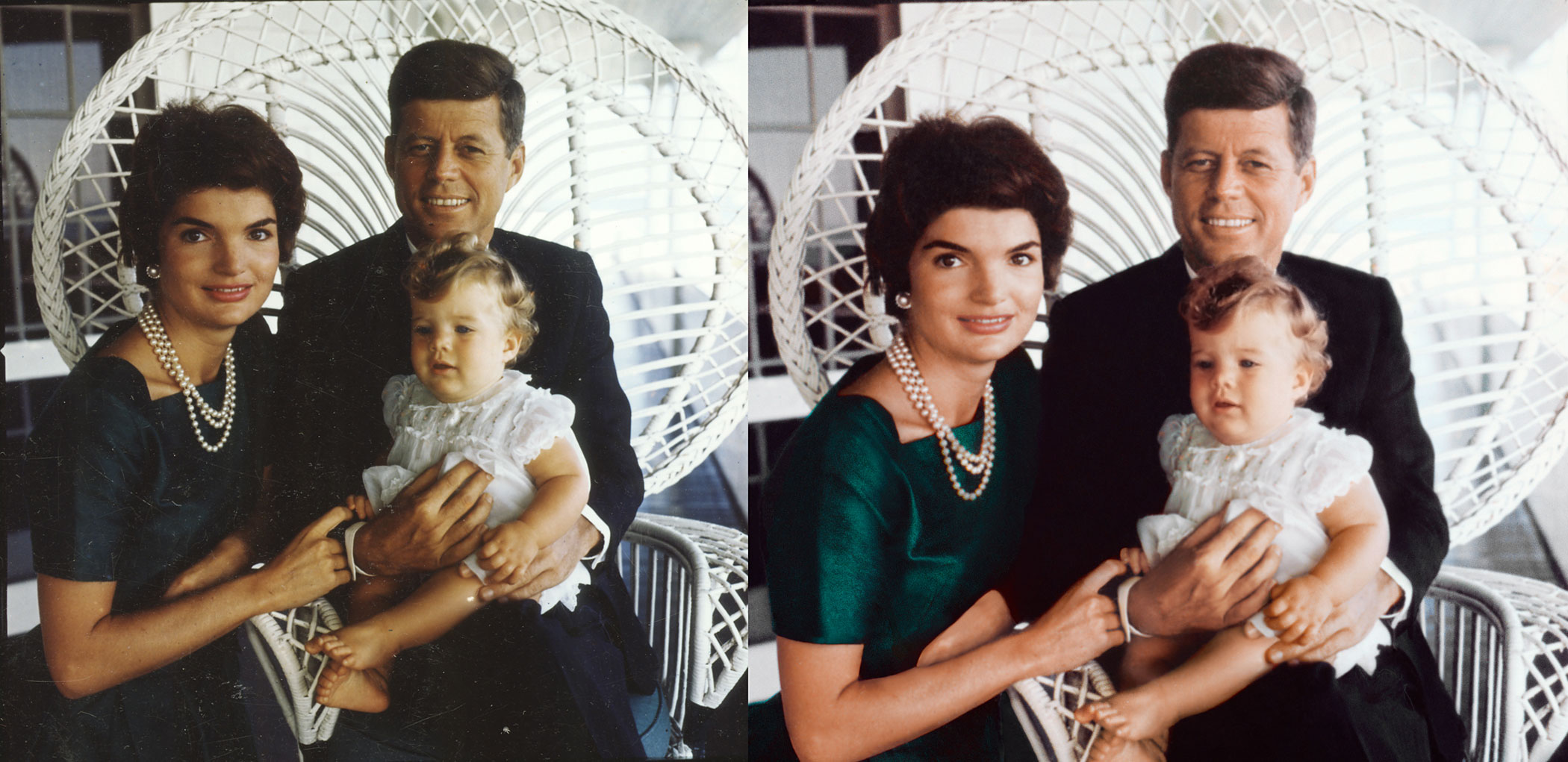 Jacques Lowe captured this portrait of the Kennedys with their daughter, Caroline, during his first session with the family in the summer of 1958. For the exhibit version, at right, the photograph was cleaned and its color was restored.